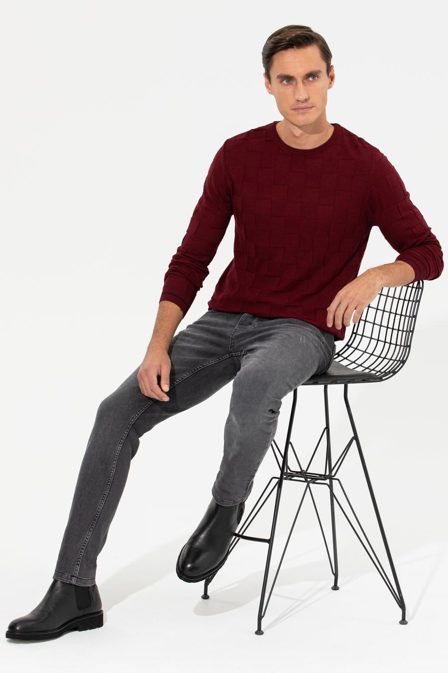 Bordo Slim Fit Yün Karışımlı Bisiklet Yaka Triko Kazak - 50258883057