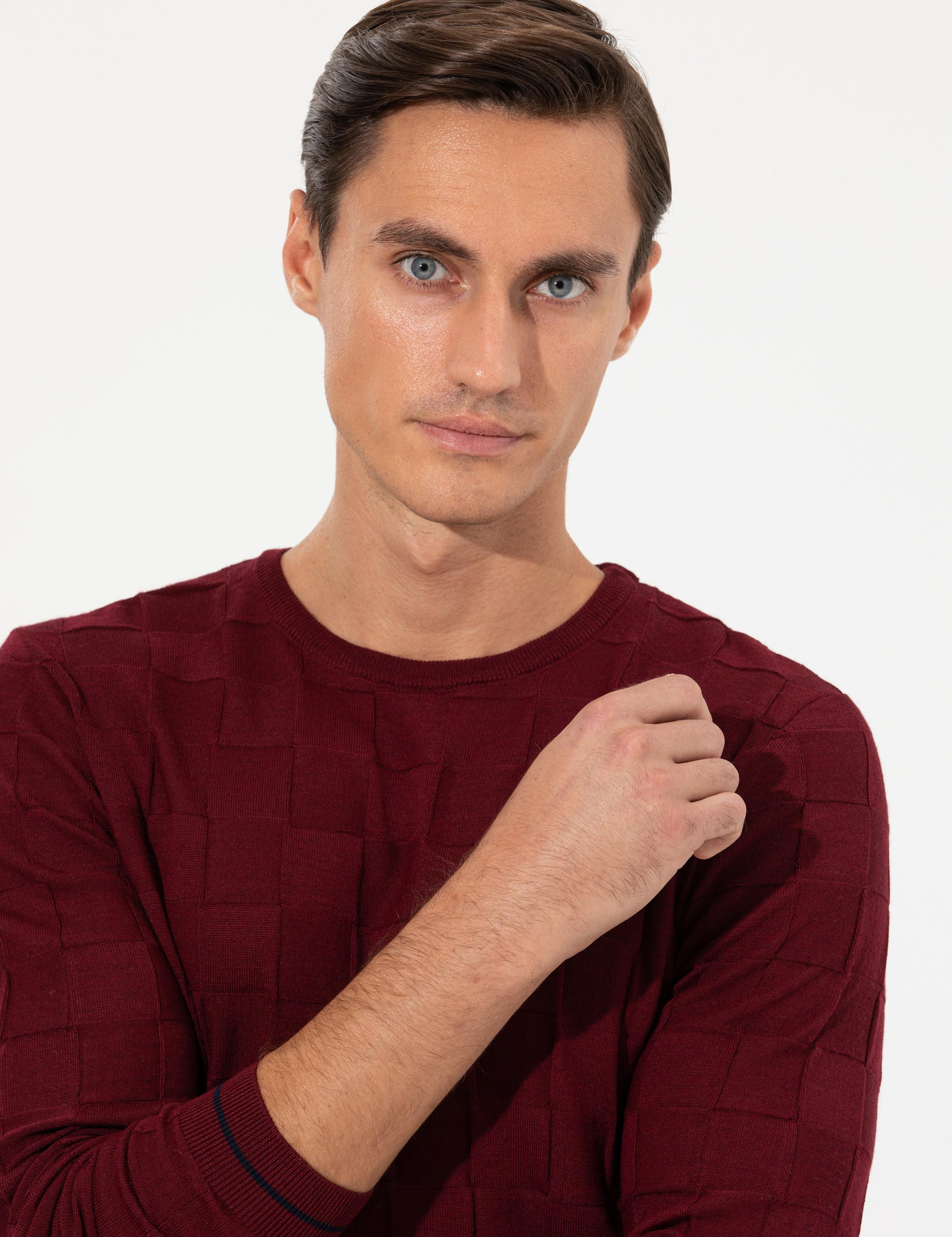 Bordo Slim Fit Yün Karışımlı Bisiklet Yaka Triko Kazak - 50258883057