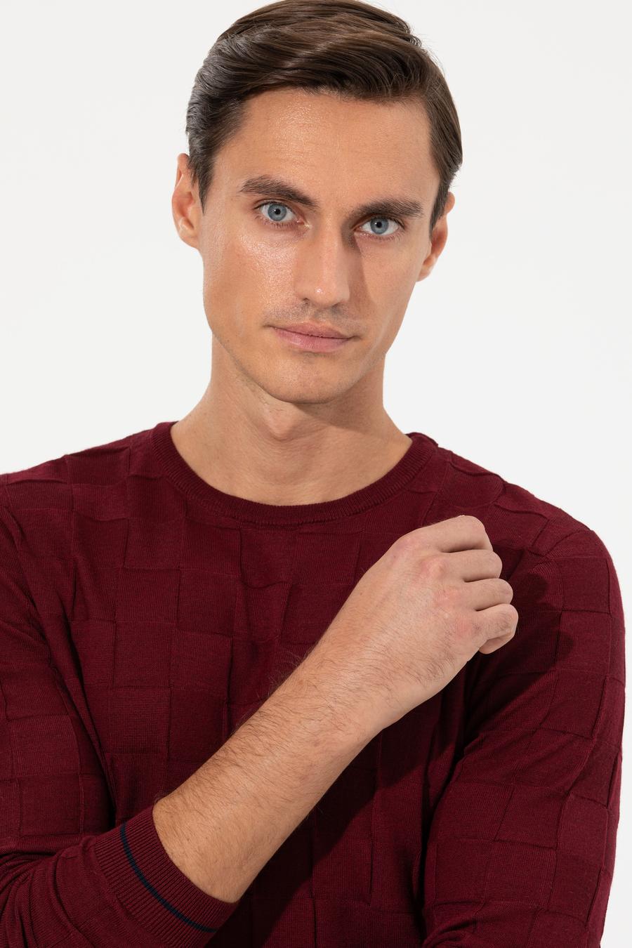 Bordo Slim Fit Yün Karışımlı Bisiklet Yaka Triko Kazak - 50258883057
