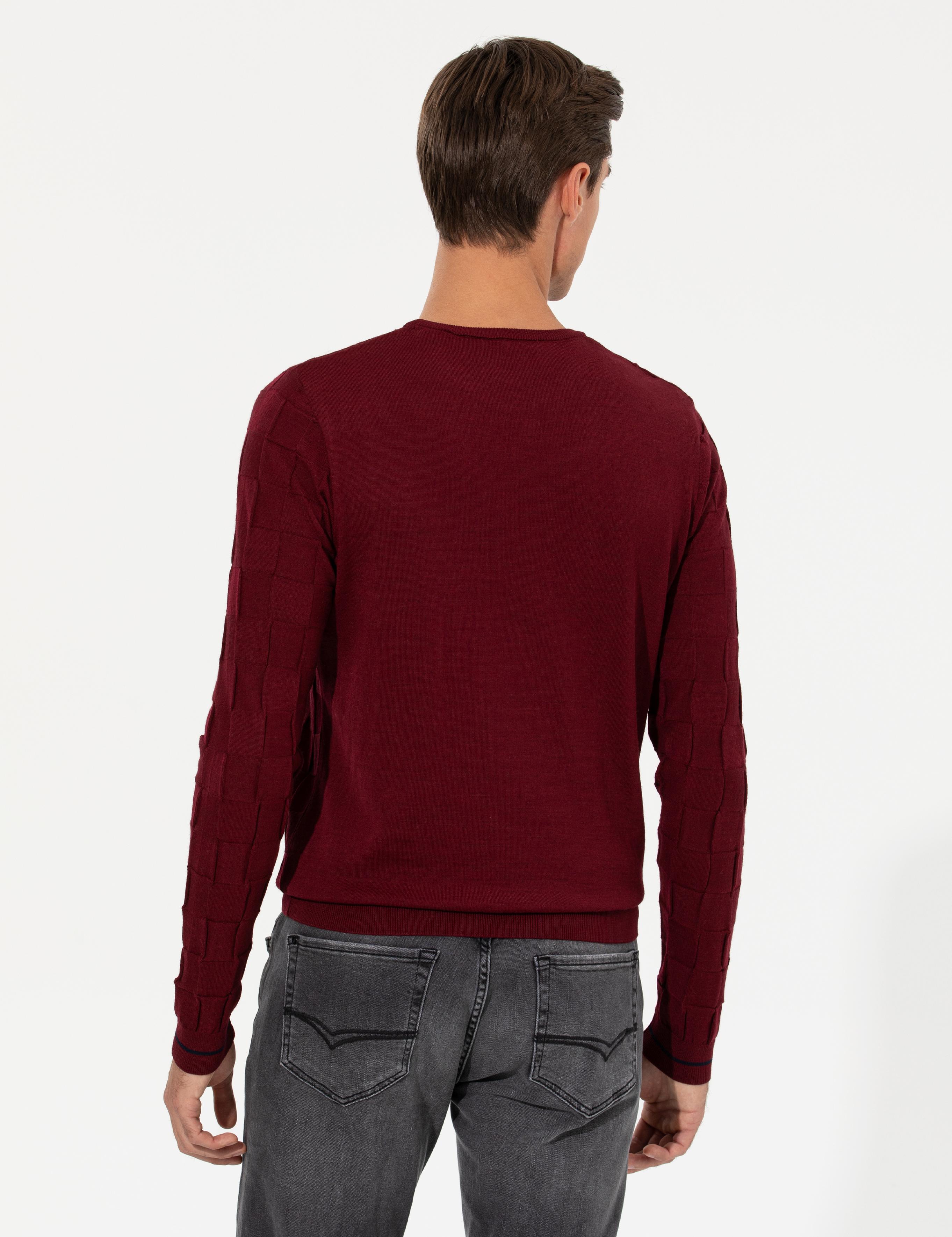 Bordo Slim Fit Yün Karışımlı Bisiklet Yaka Triko Kazak - 50258883057