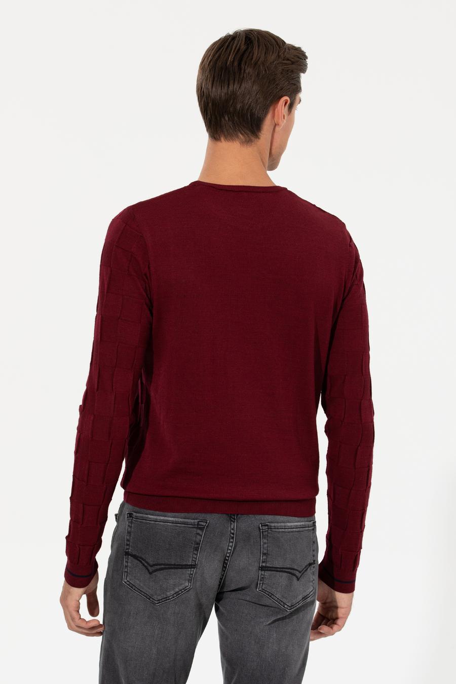 Bordo Slim Fit Yün Karışımlı Bisiklet Yaka Triko Kazak - 50258883057