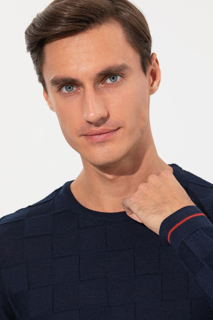 Lacivert Slim Fit Yün Karışımlı Bisiklet Yaka Triko Kazak - 50258883067