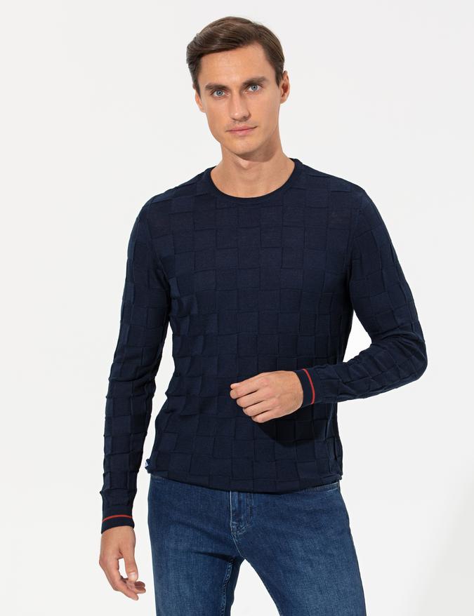 Lacivert Slim Fit Yün Karışımlı Bisiklet Yaka Triko Kazak