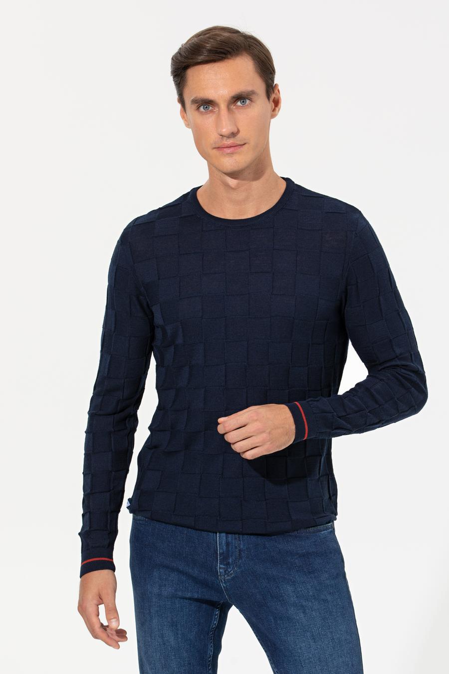 Lacivert Slim Fit Yün Karışımlı Bisiklet Yaka Triko Kazak - 50258883067