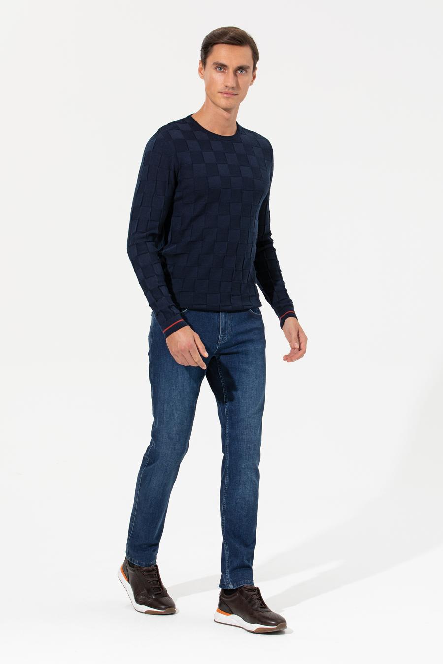 Lacivert Slim Fit Yün Karışımlı Bisiklet Yaka Triko Kazak - 50258883067