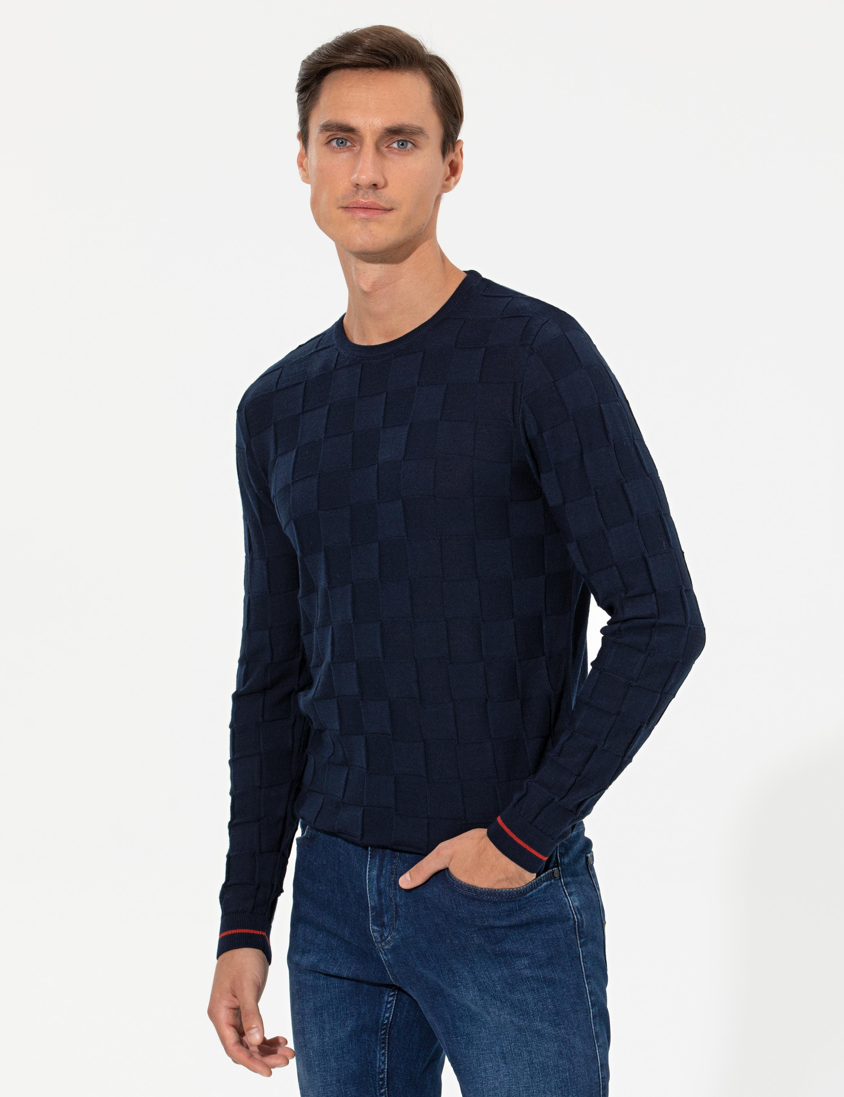 Lacivert Slim Fit Yün Karışımlı Bisiklet Yaka Triko Kazak - 50258883067