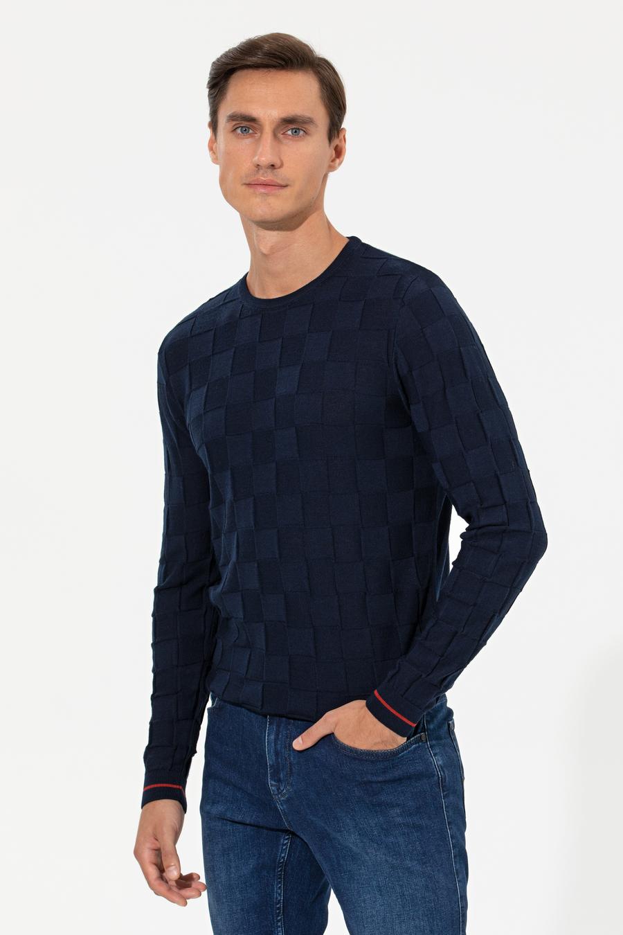 Lacivert Slim Fit Yün Karışımlı Bisiklet Yaka Triko Kazak - 50258883067