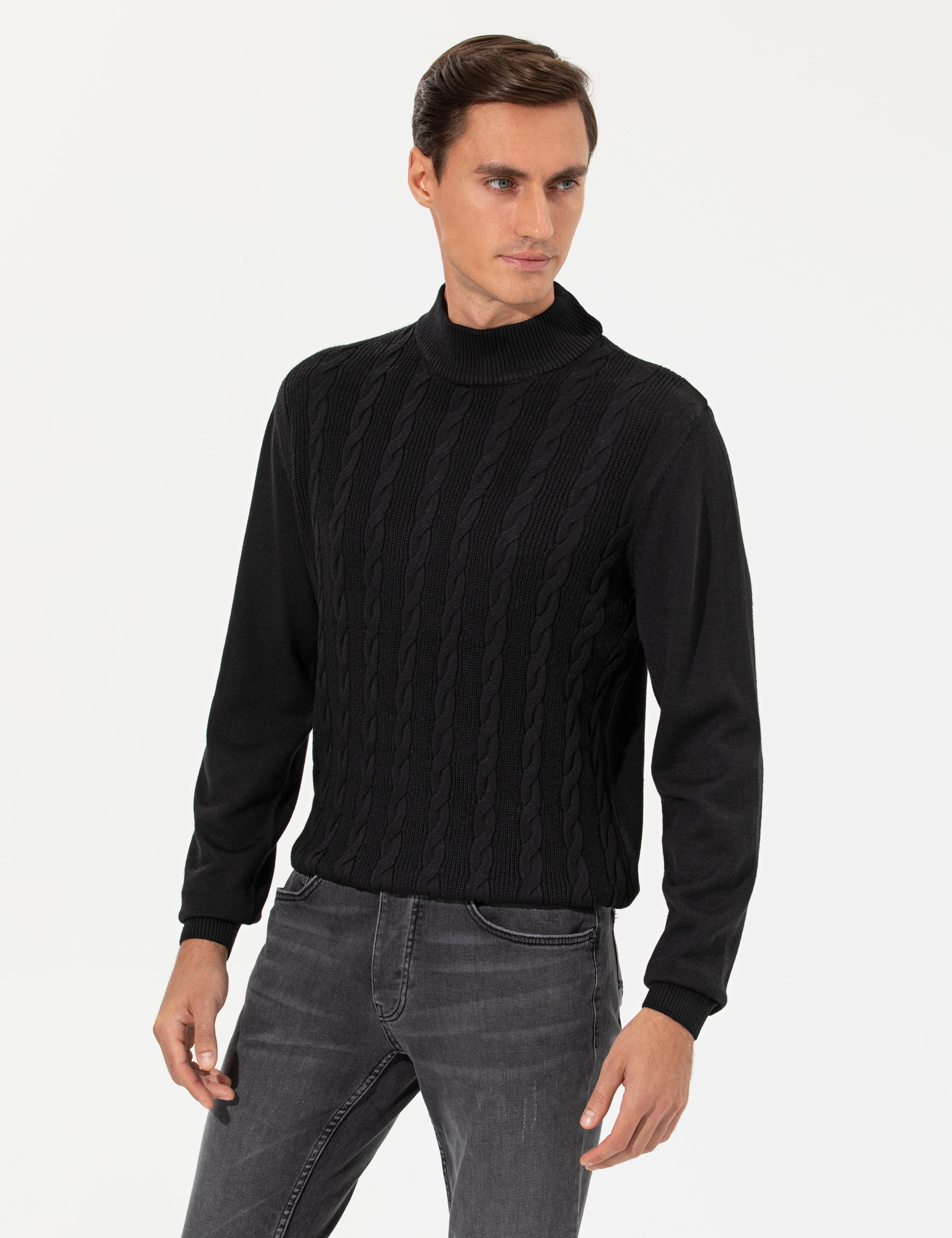 Siyah Slim Fit Yarım Balıkçı Triko Kazak - 50260300033
