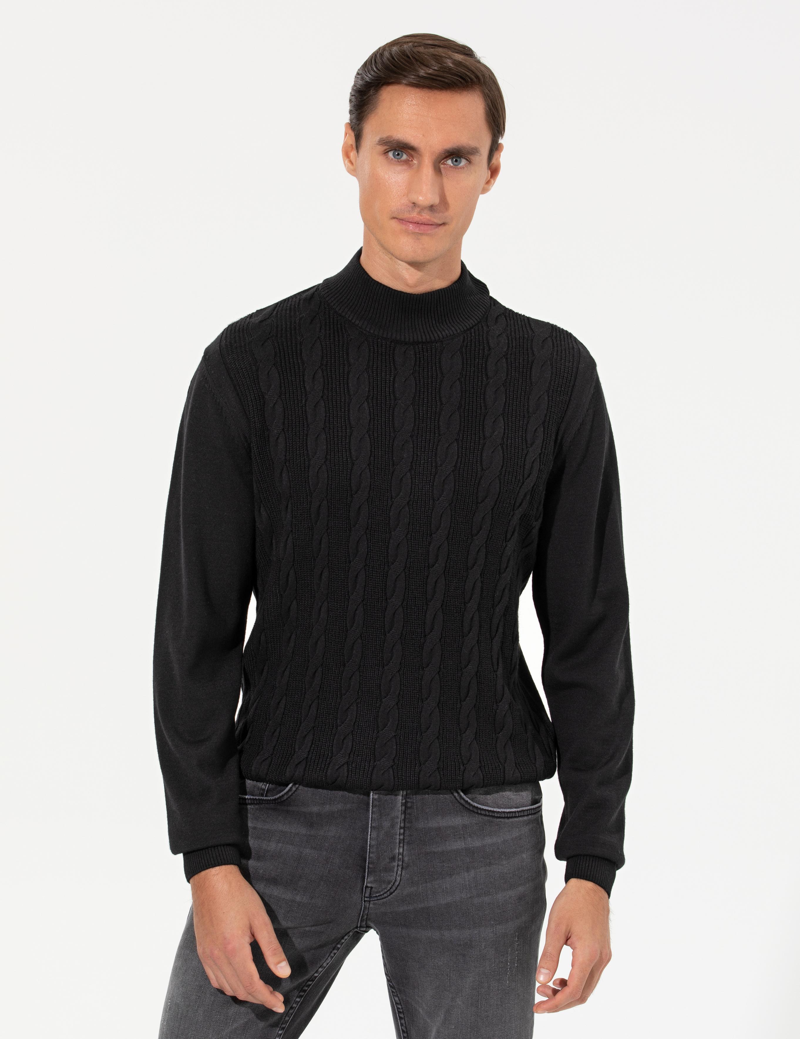 Siyah Slim Fit Yarım Balıkçı Triko Kazak - 50260300033