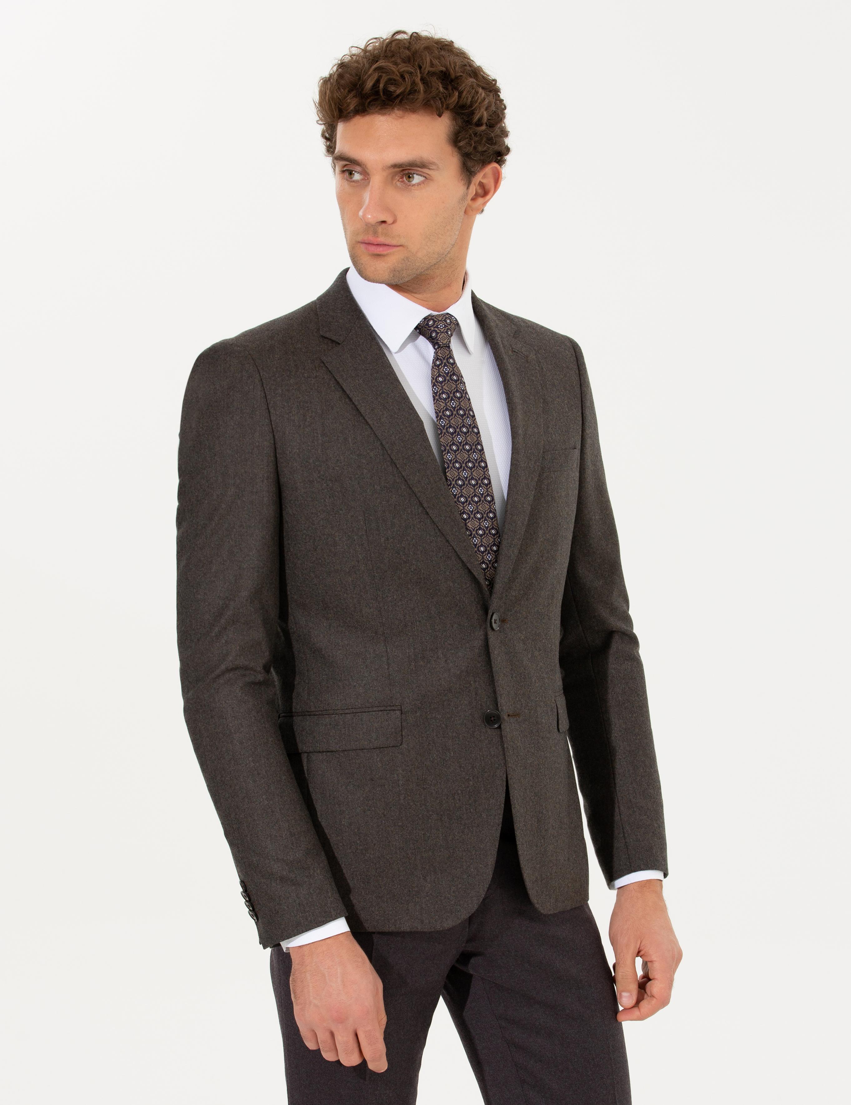 Kahverengi Slim Fit Yün Ceket - 50242804107