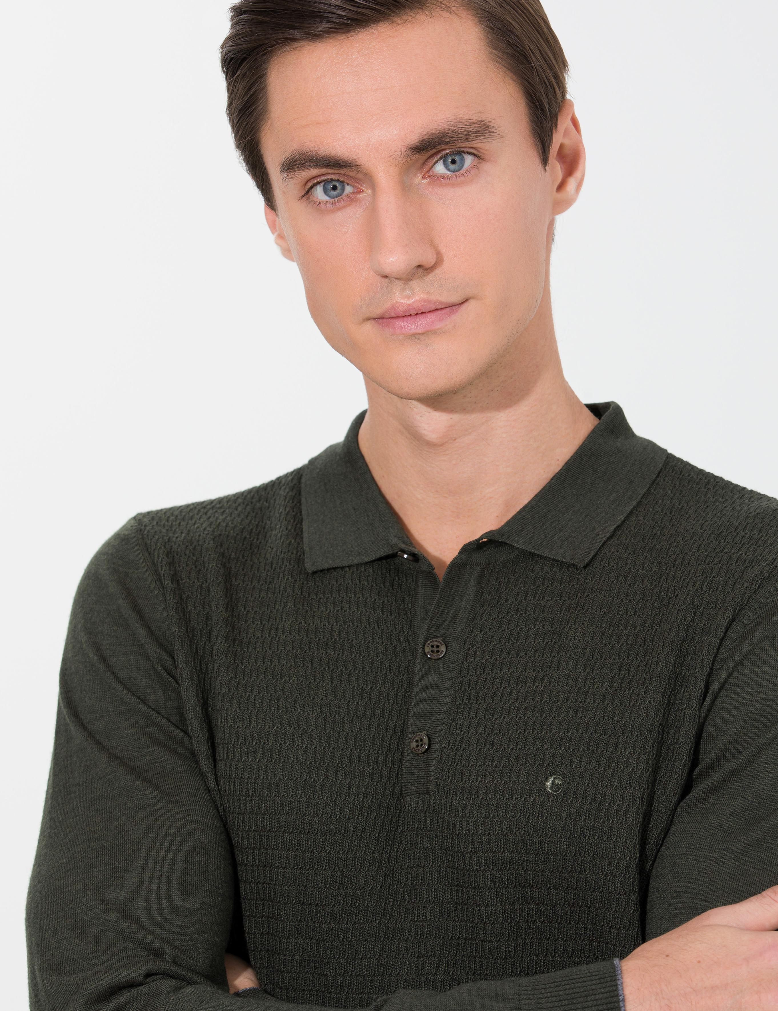 Haki Slim Fit Polo Yaka Triko Kazak - 50261181004