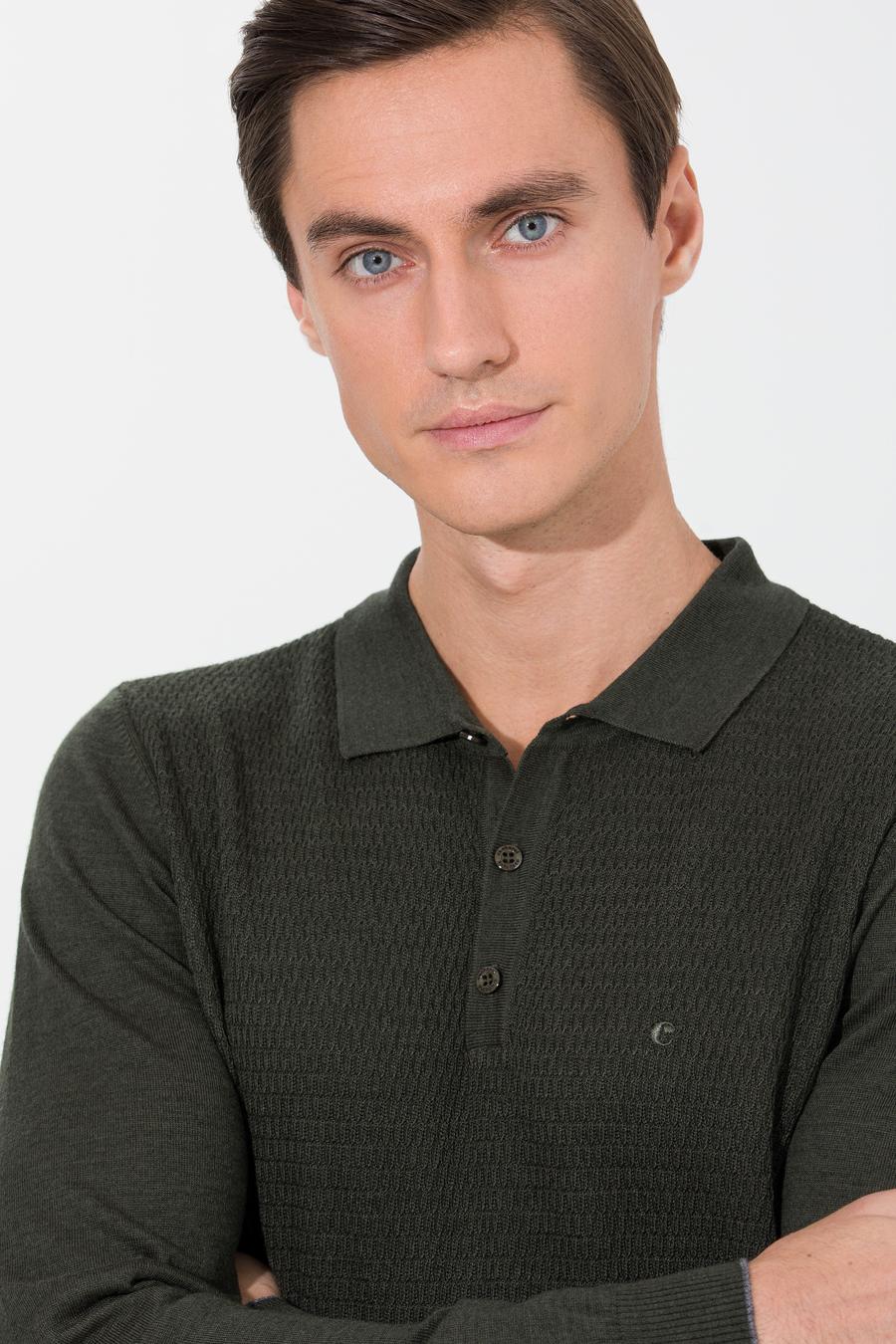 Haki Slim Fit Polo Yaka Triko Kazak - 50261181004