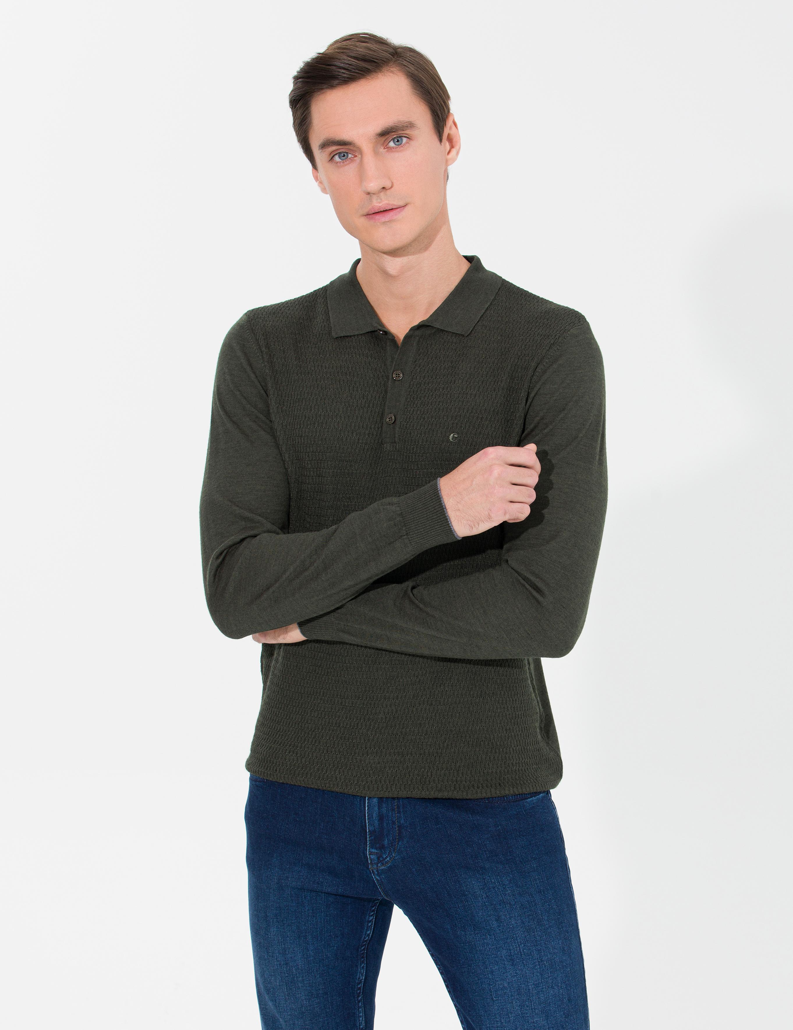 Haki Slim Fit Polo Yaka Triko Kazak - 50261181004