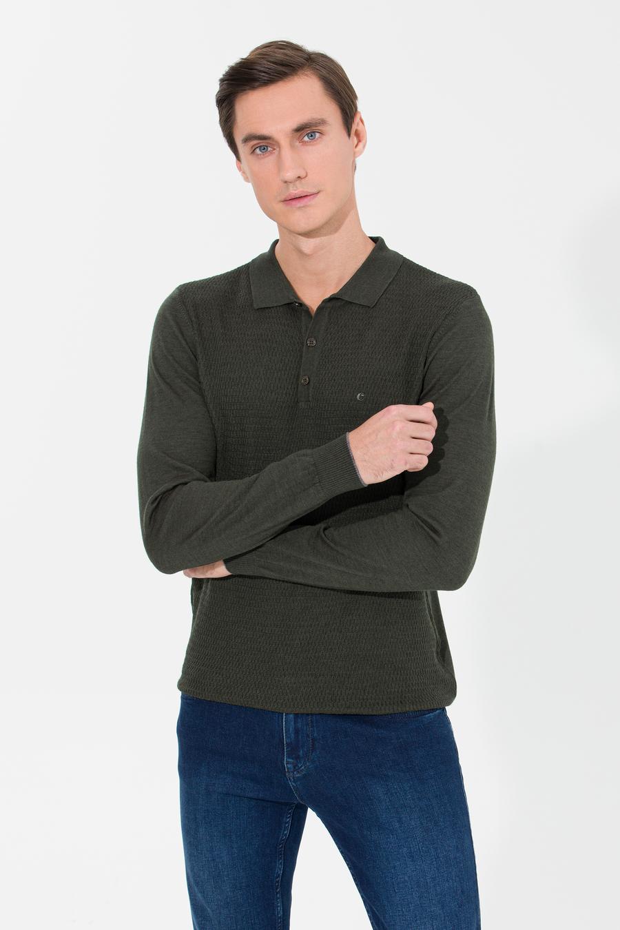 Haki Slim Fit Polo Yaka Triko Kazak - 50261181004