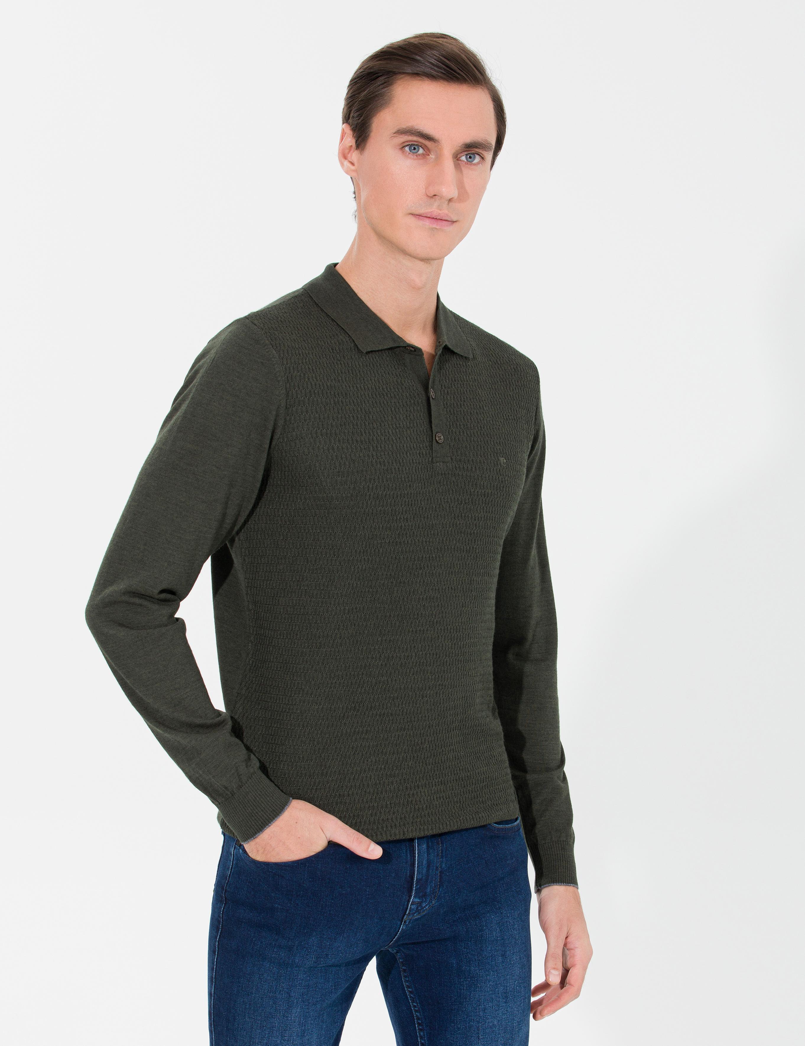 Haki Slim Fit Polo Yaka Triko Kazak - 50261181004