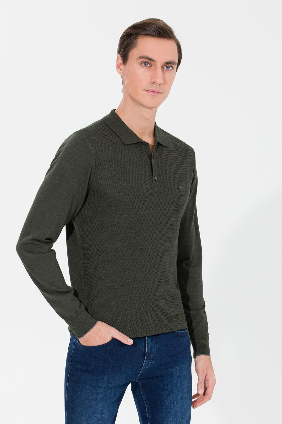 Haki Slim Fit Polo Yaka Triko Kazak - 50261181004