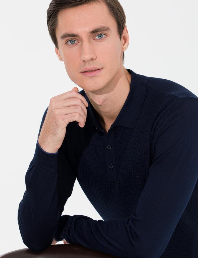 Lacivert Slim Fit Polo Yaka Triko Kazak