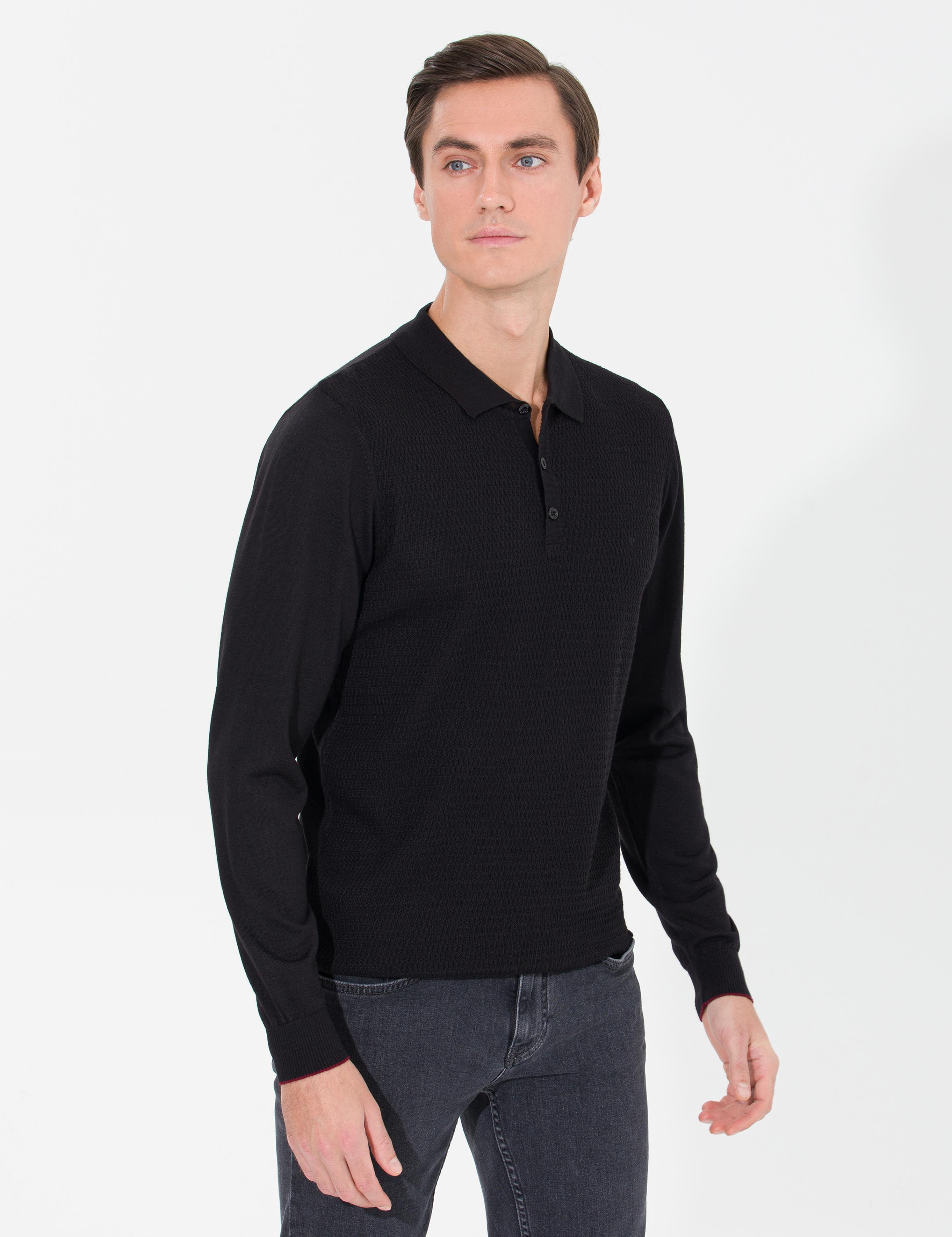 Siyah Slim Fit Polo Yaka Triko Kazak - 50261181029