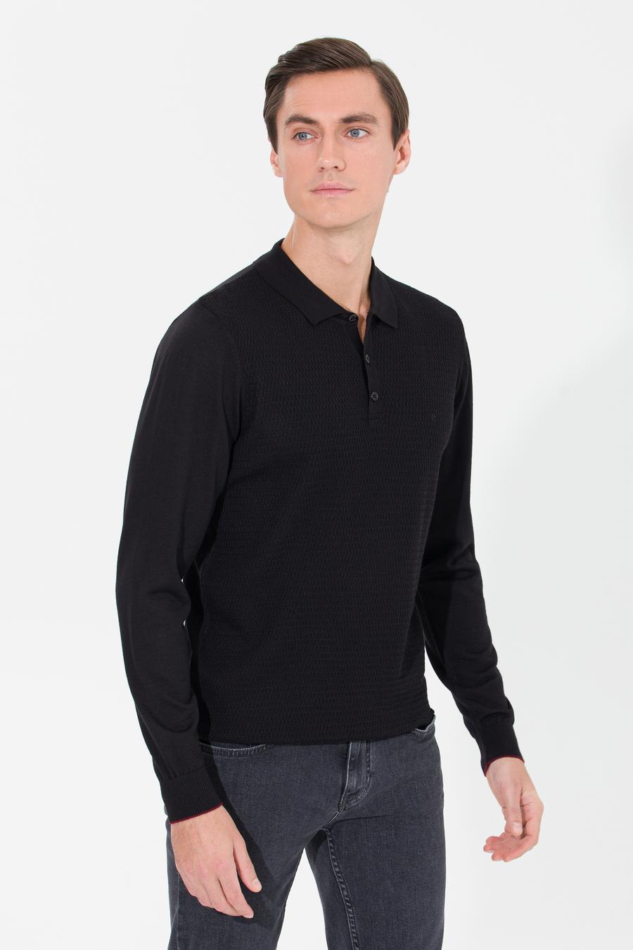 Siyah Slim Fit Polo Yaka Triko Kazak - 50261181029