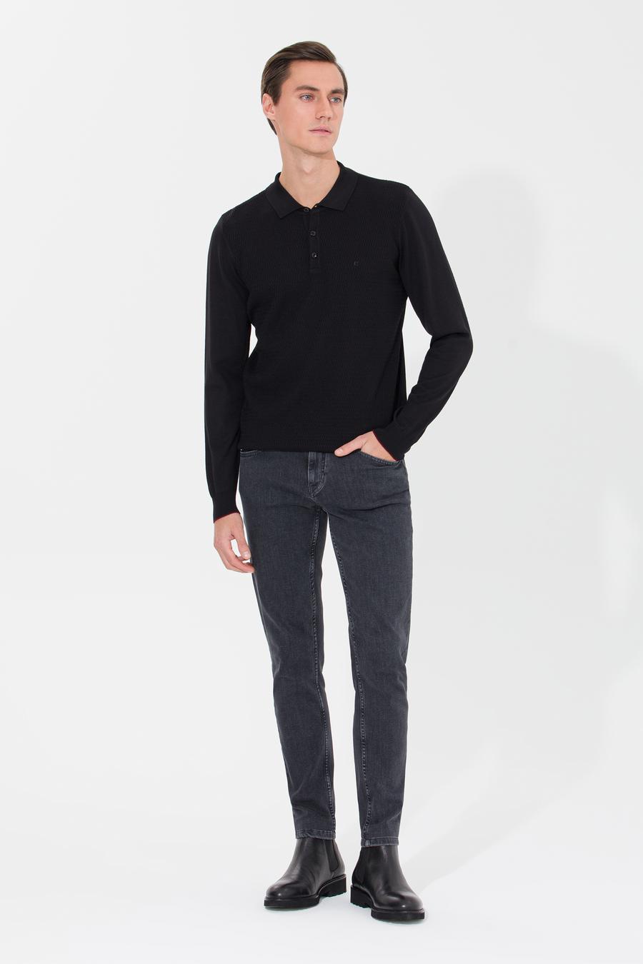 Siyah Slim Fit Polo Yaka Triko Kazak - 50261181029