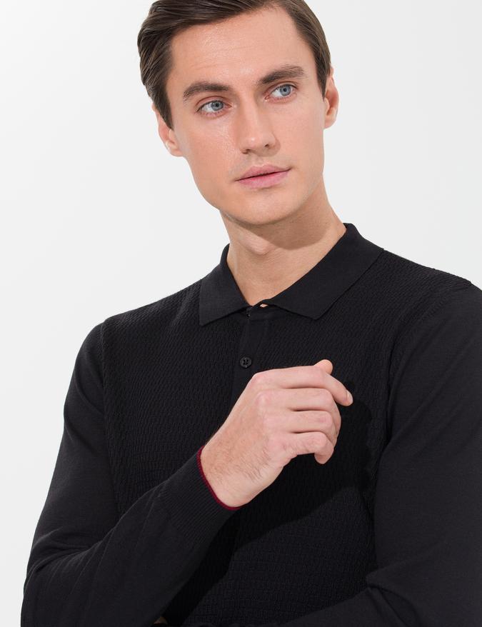 Siyah Slim Fit Polo Yaka Triko Kazak