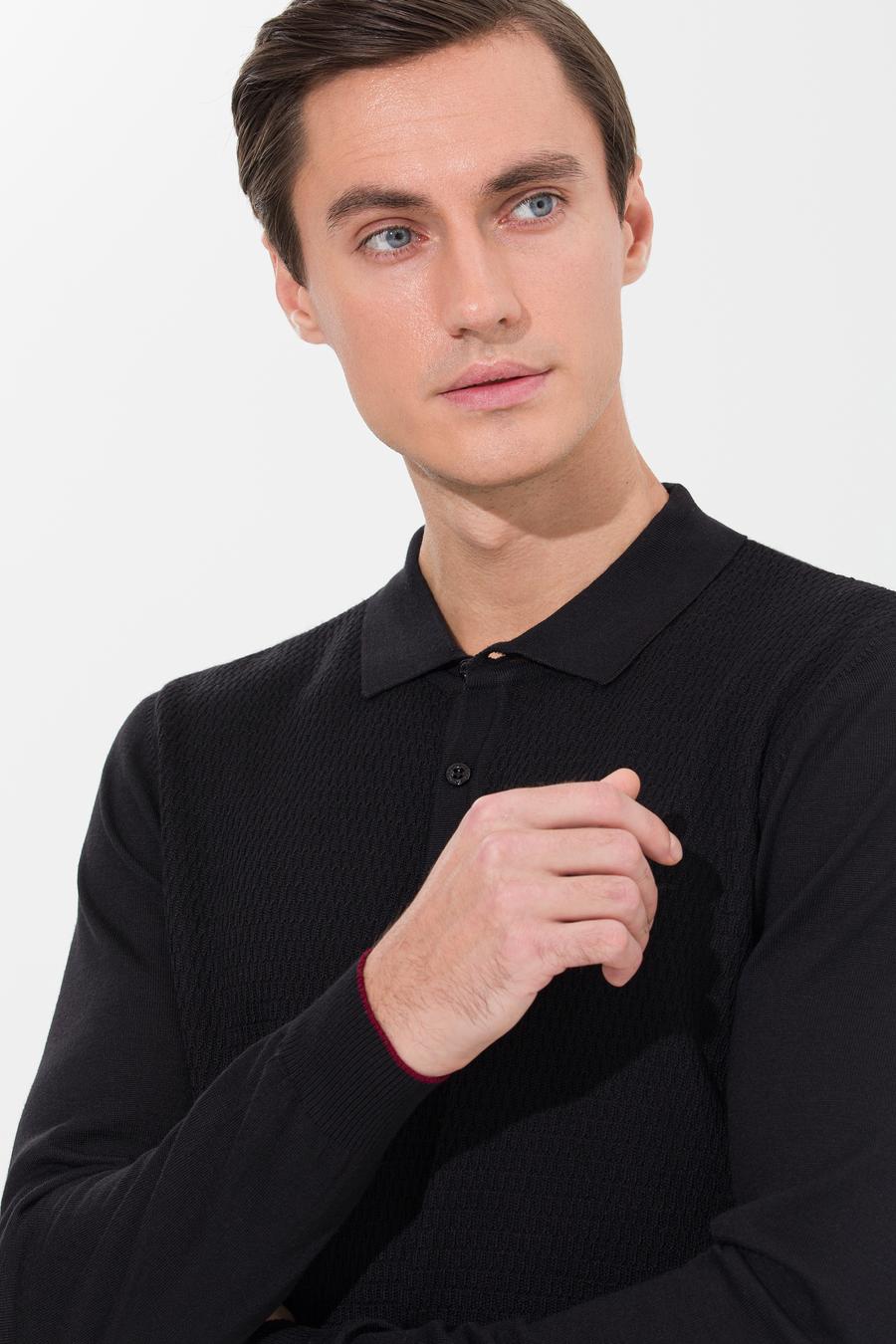 Siyah Slim Fit Polo Yaka Triko Kazak - 50261181029