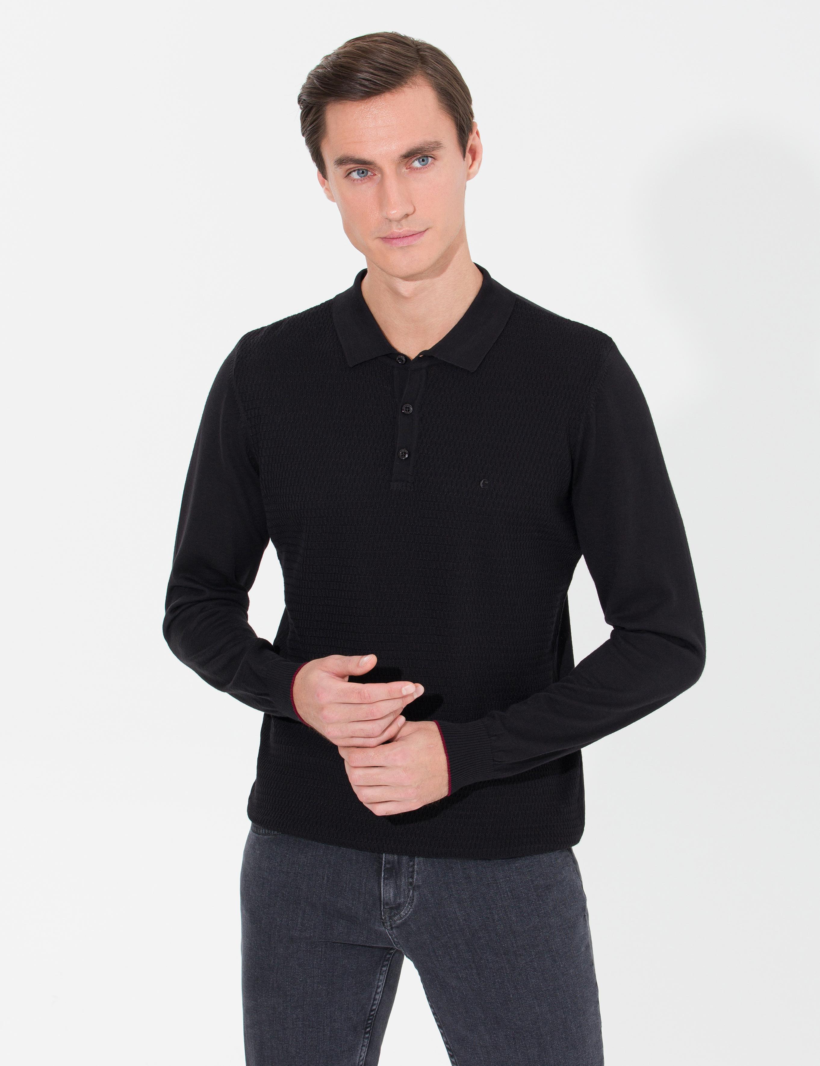 Siyah Slim Fit Polo Yaka Triko Kazak - 50261181029