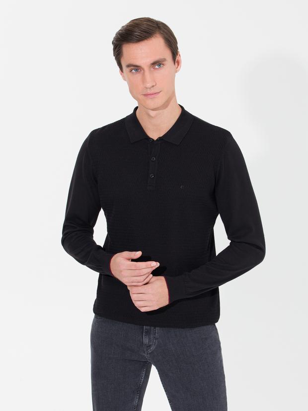 Siyah Slim Fit Polo Yaka Triko Kazak