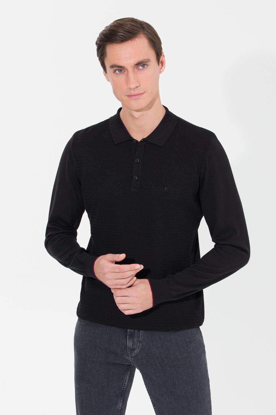 Siyah Slim Fit Polo Yaka Triko Kazak - 50261181029