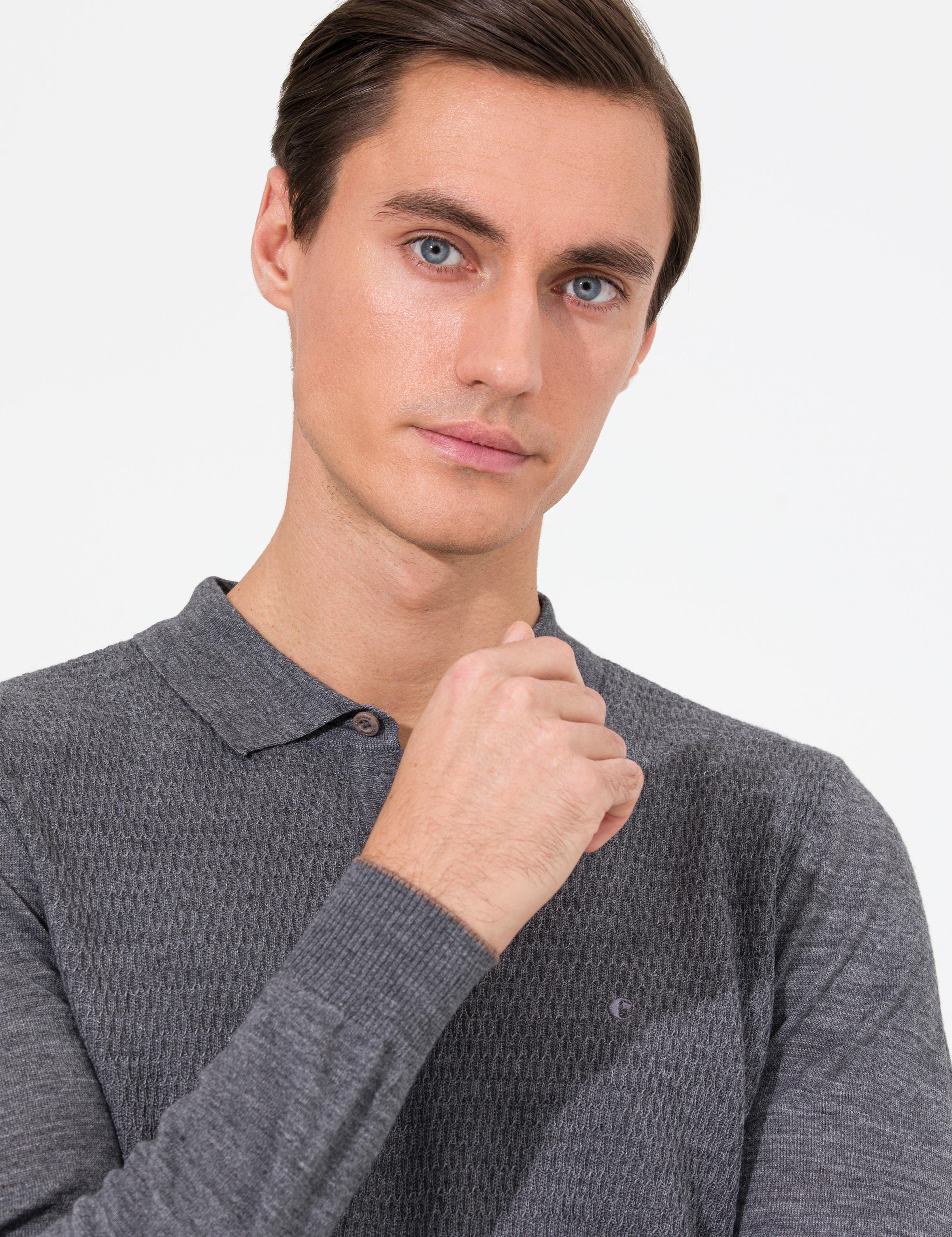 Gri Regular Fit Polo Yaka Triko Kazak - 50261181036