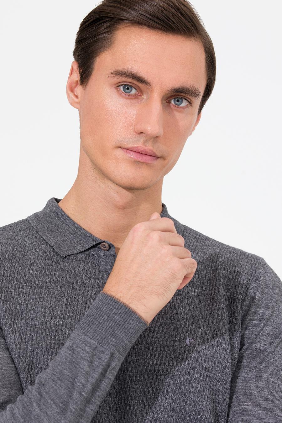 Gri Regular Fit Polo Yaka Triko Kazak - 50261181036