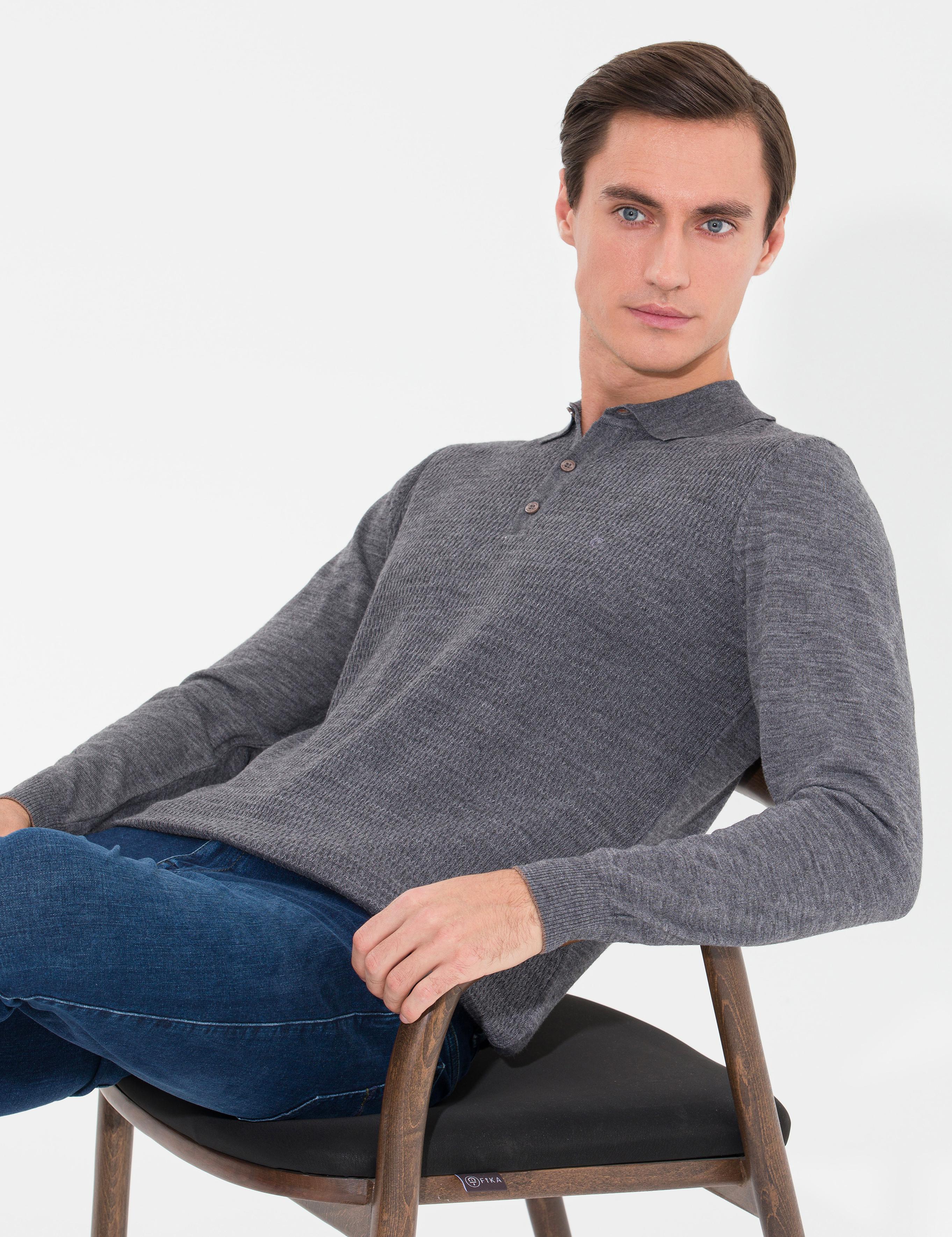 Gri Regular Fit Polo Yaka Triko Kazak - 50261181036