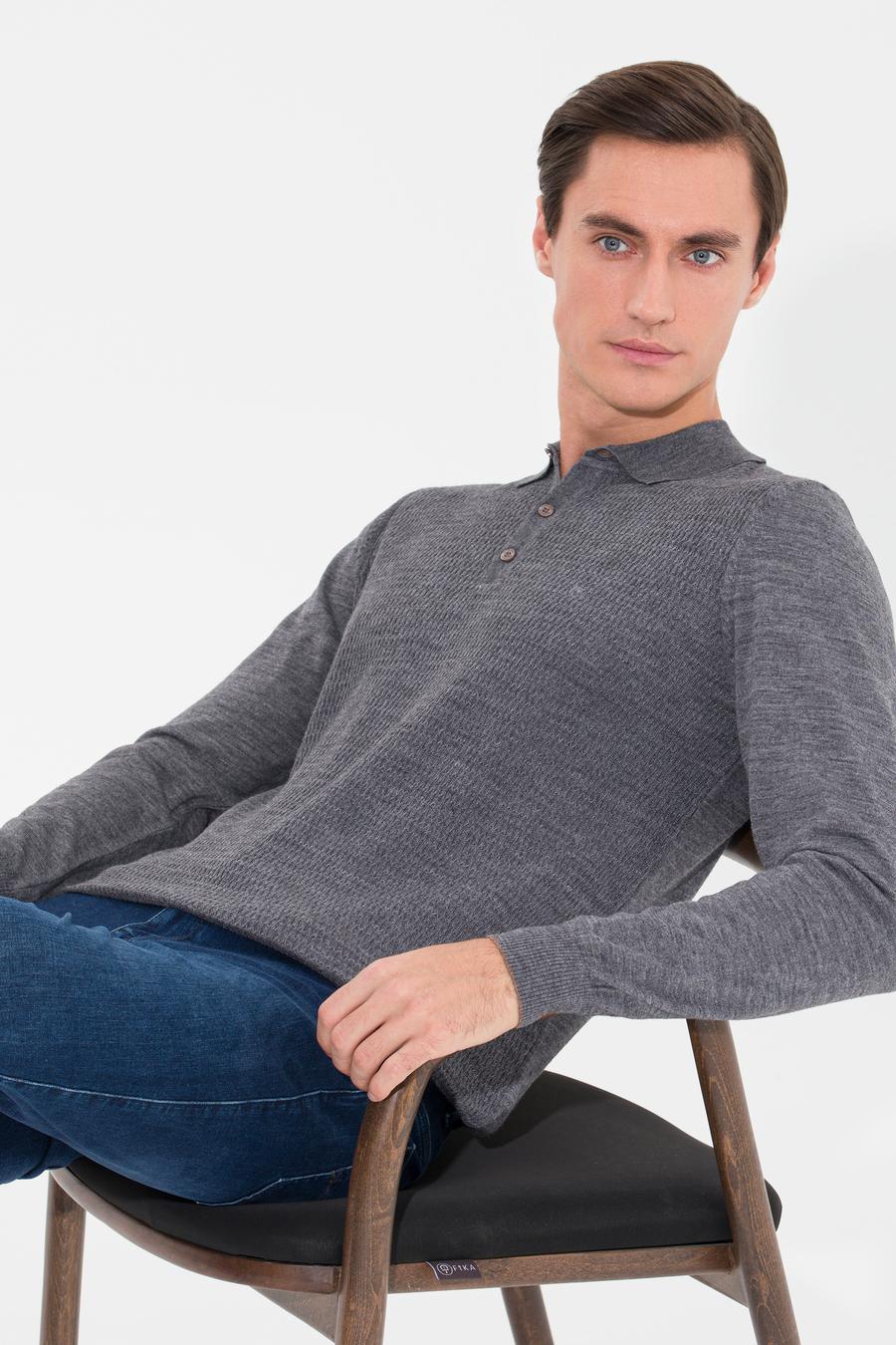 Gri Regular Fit Polo Yaka Triko Kazak - 50261181036