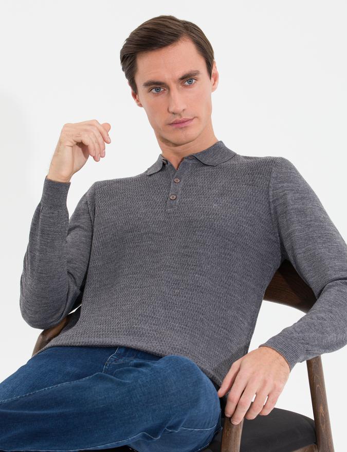 Gri Regular Fit Polo Yaka Triko Kazak