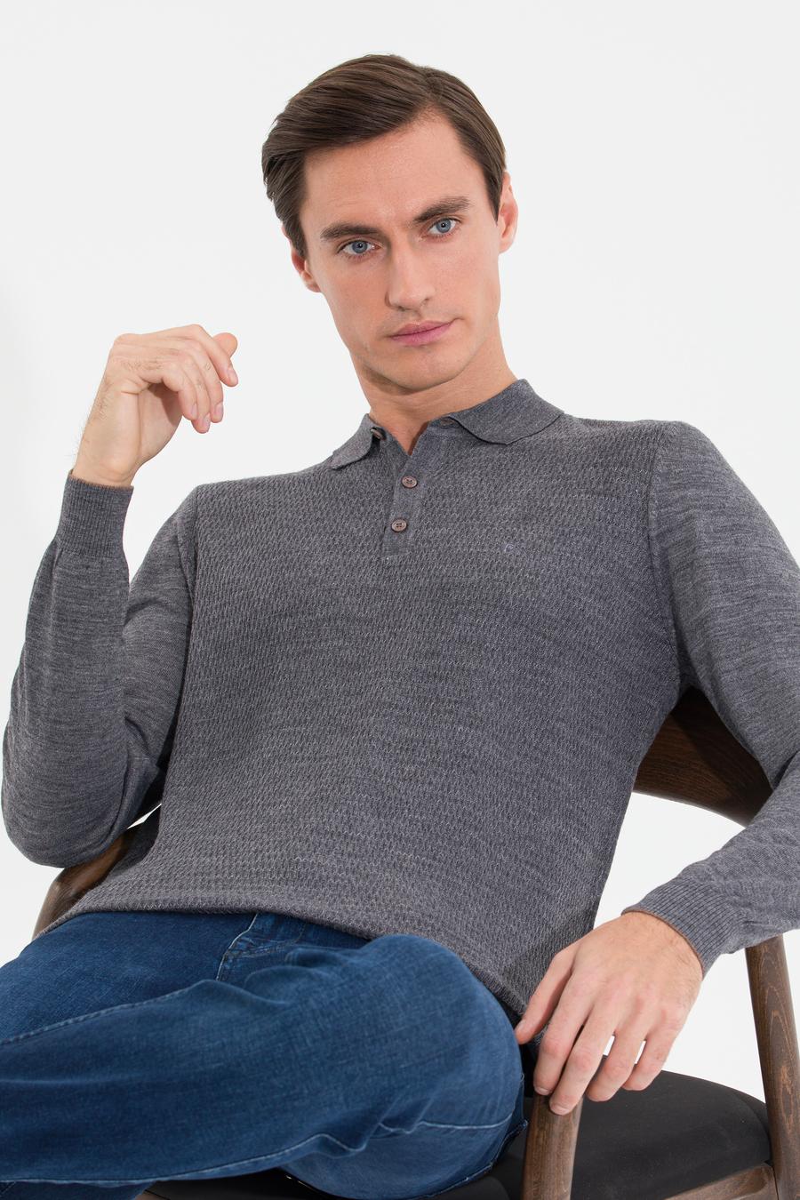 Gri Regular Fit Polo Yaka Triko Kazak - 50261181036