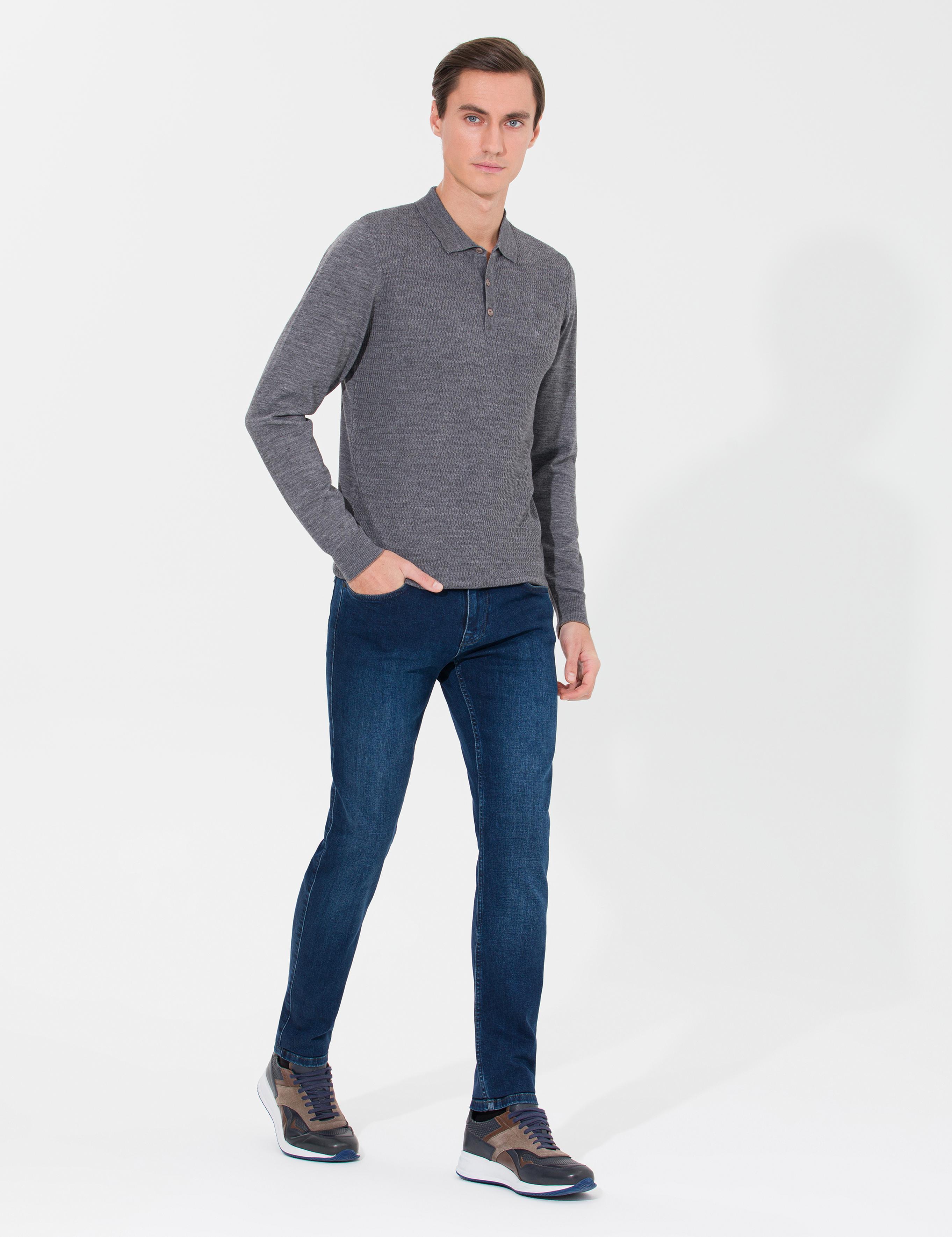 Gri Regular Fit Polo Yaka Triko Kazak - 50261181036