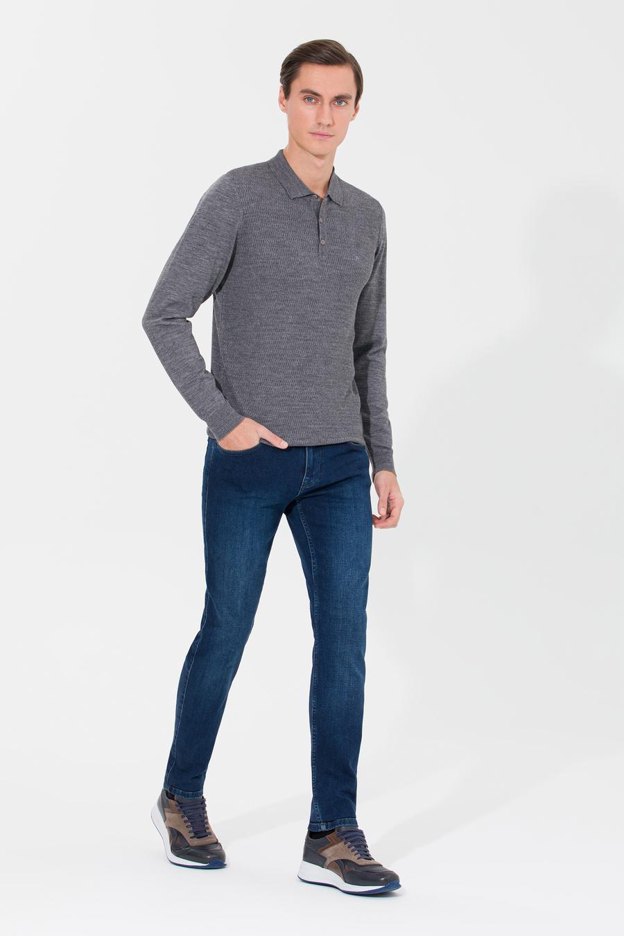 Gri Regular Fit Polo Yaka Triko Kazak - 50261181036