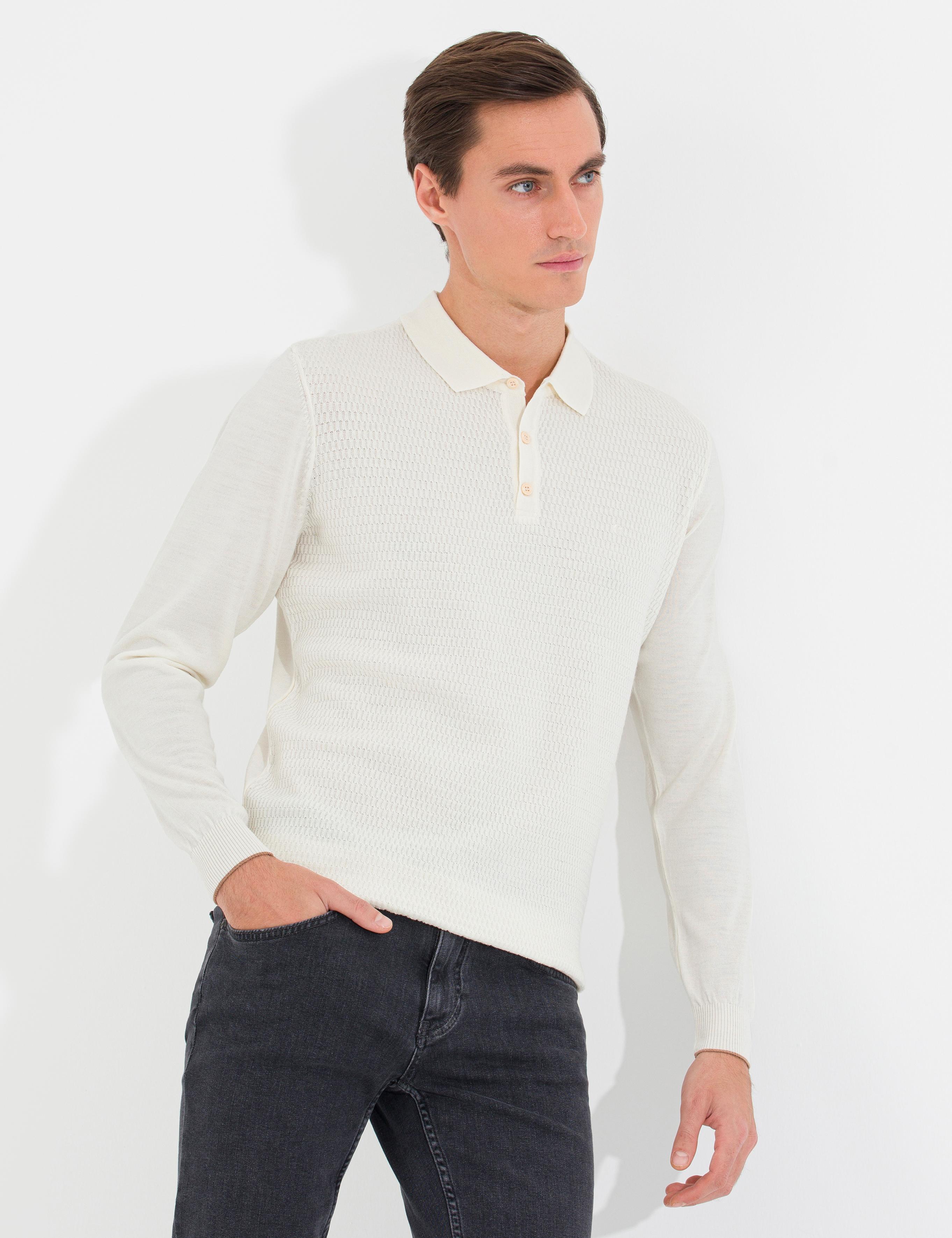 Ekru Slim Fit Polo Yaka Triko Kazak - 50261181052