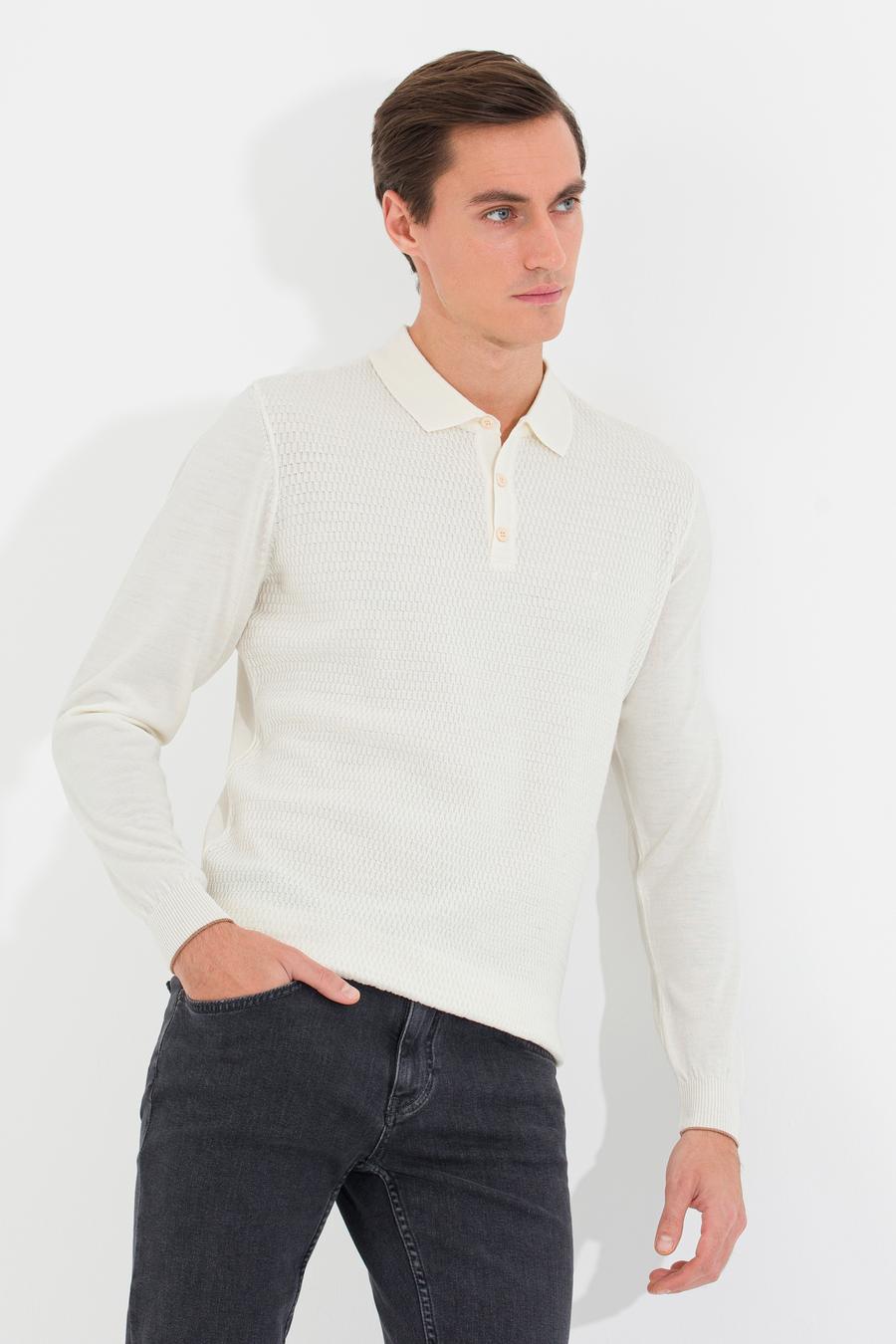 Ekru Slim Fit Polo Yaka Triko Kazak - 50261181052