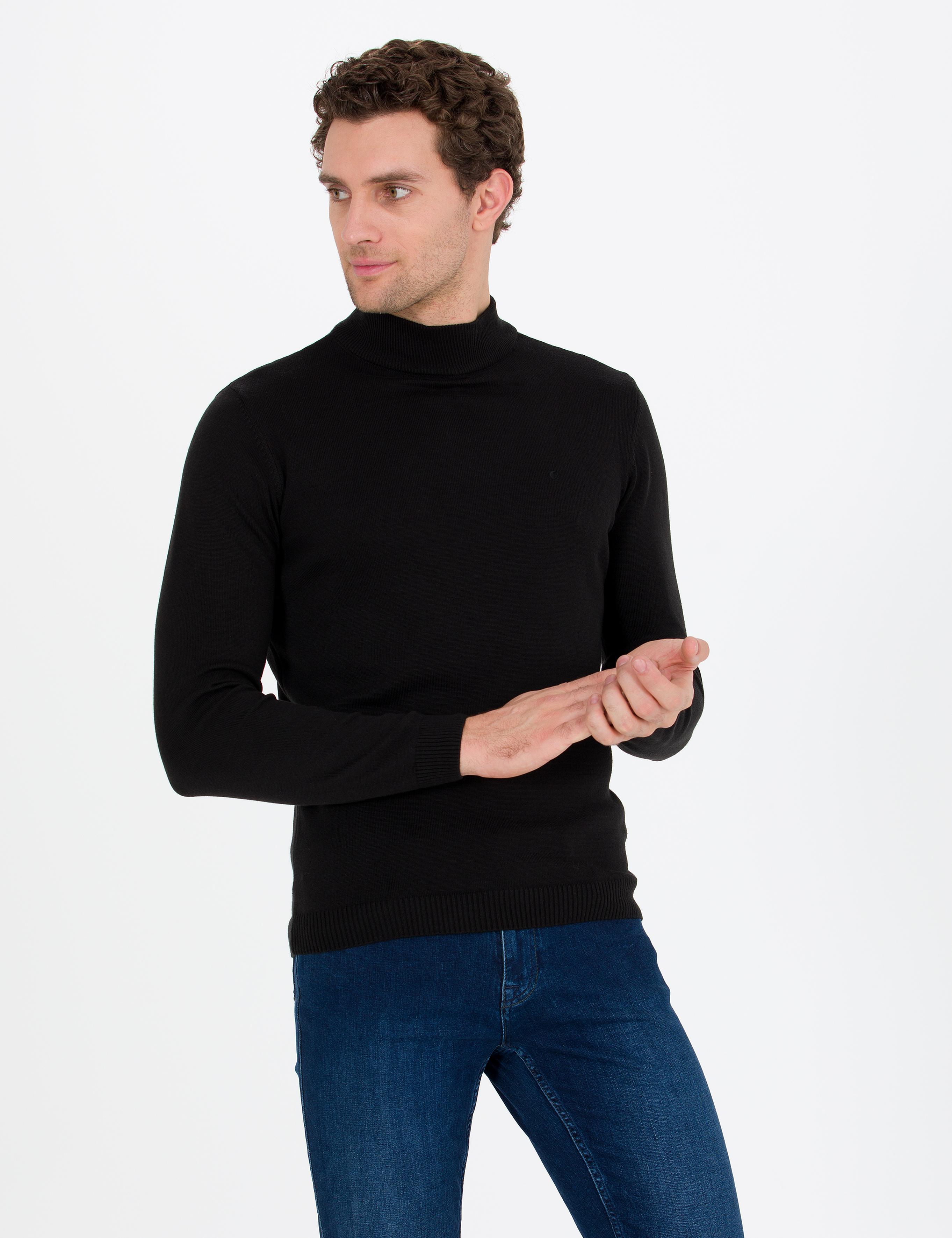 Siyah Slim Fit Yarım Balıkçı Basic Triko Kazak - 50257392013