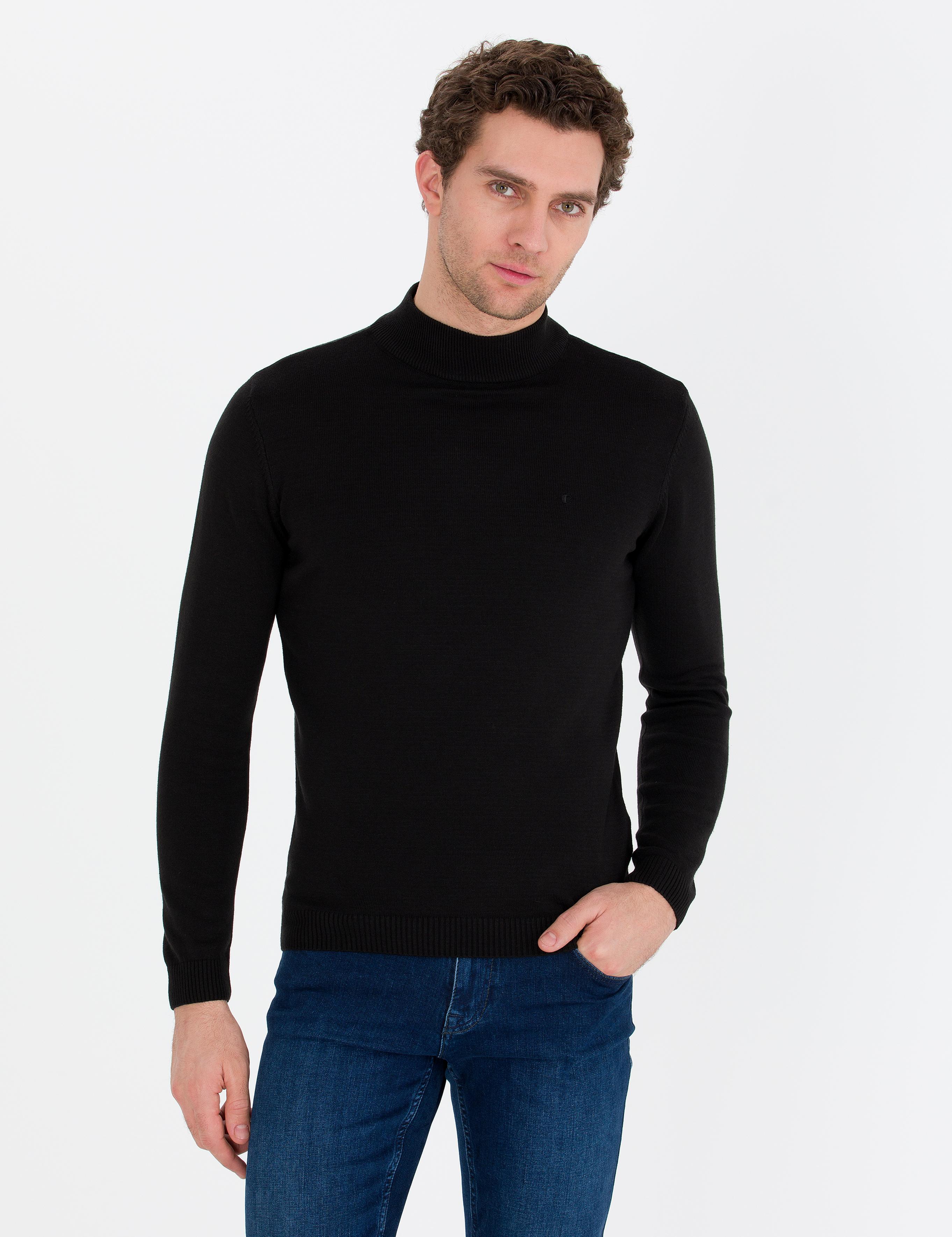 Siyah Slim Fit Yarım Balıkçı Basic Triko Kazak - 50257392013