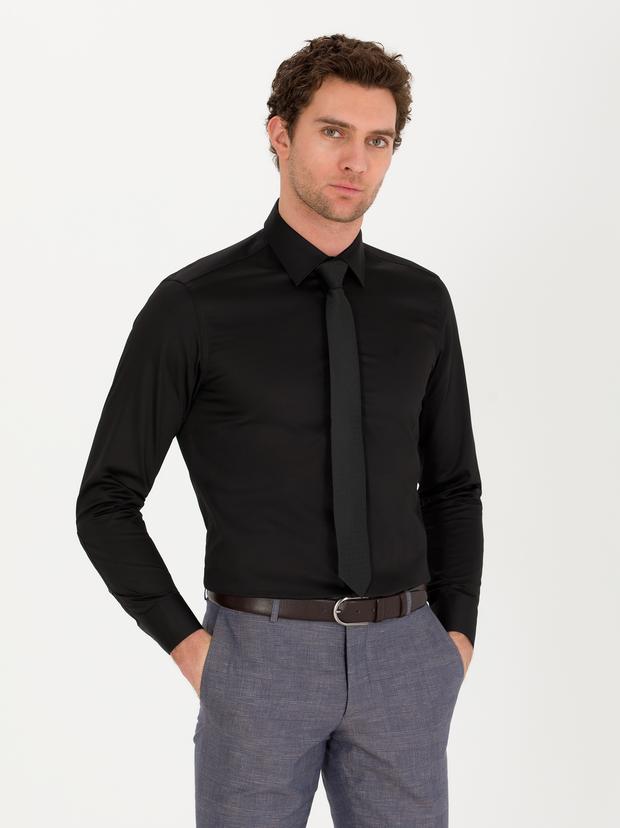 Siyah Slim Fit Uzun Kollu Basic Gömlek
