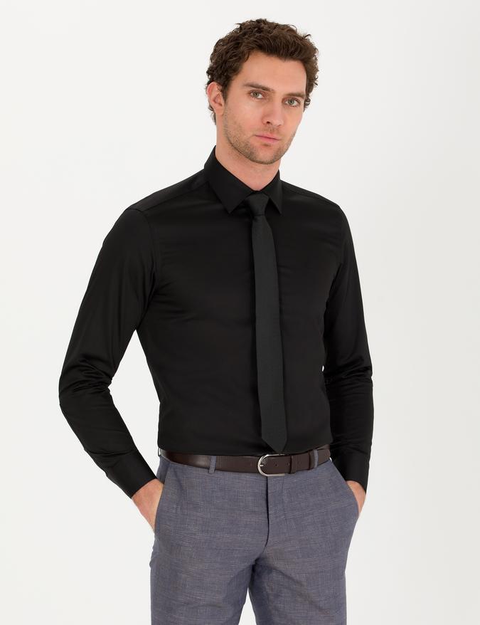 Siyah Slim Fit Uzun Kollu Basic Gömlek