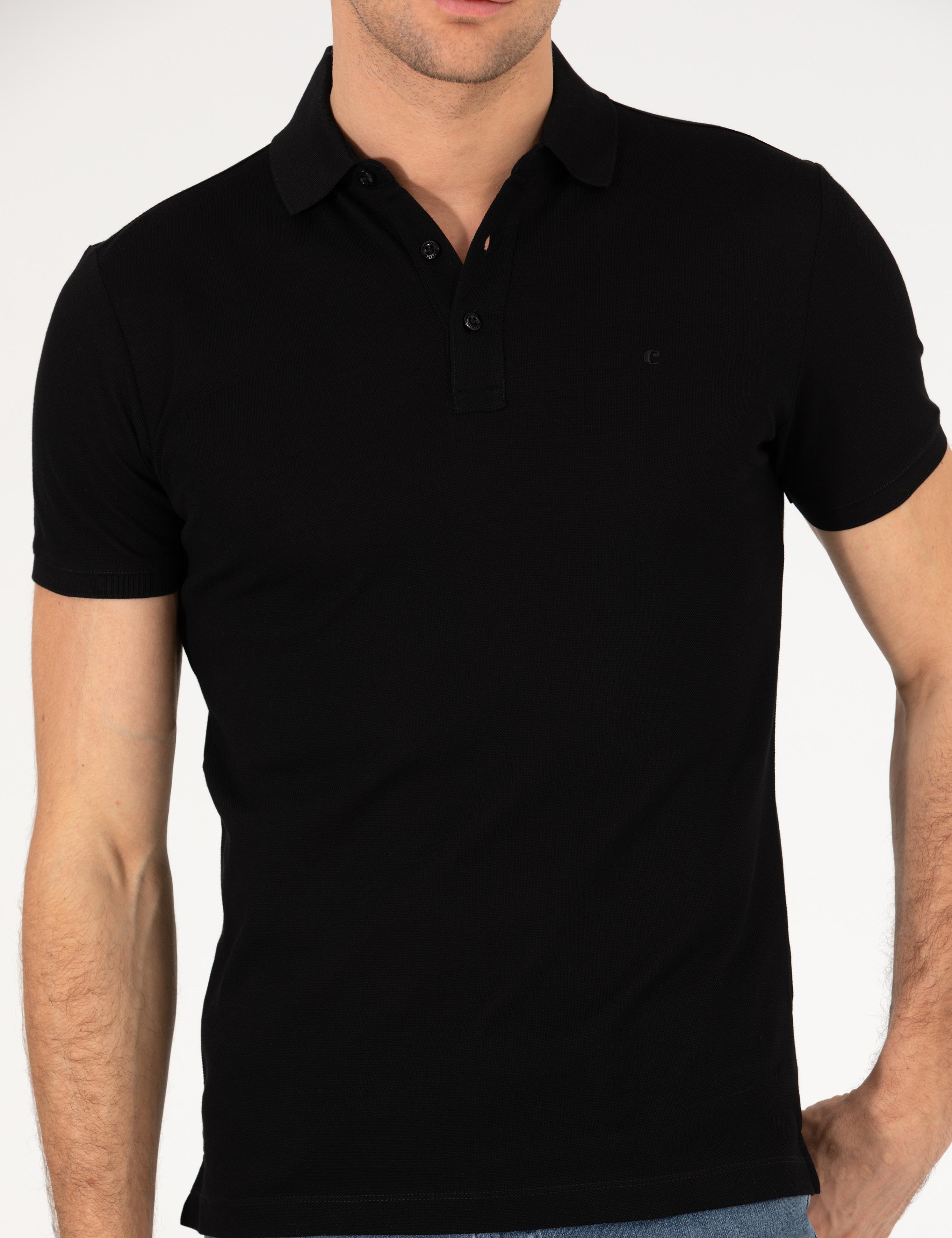 Siyah Polo Yaka Slim Fit Basic Merserize T-shirt - 50265364026