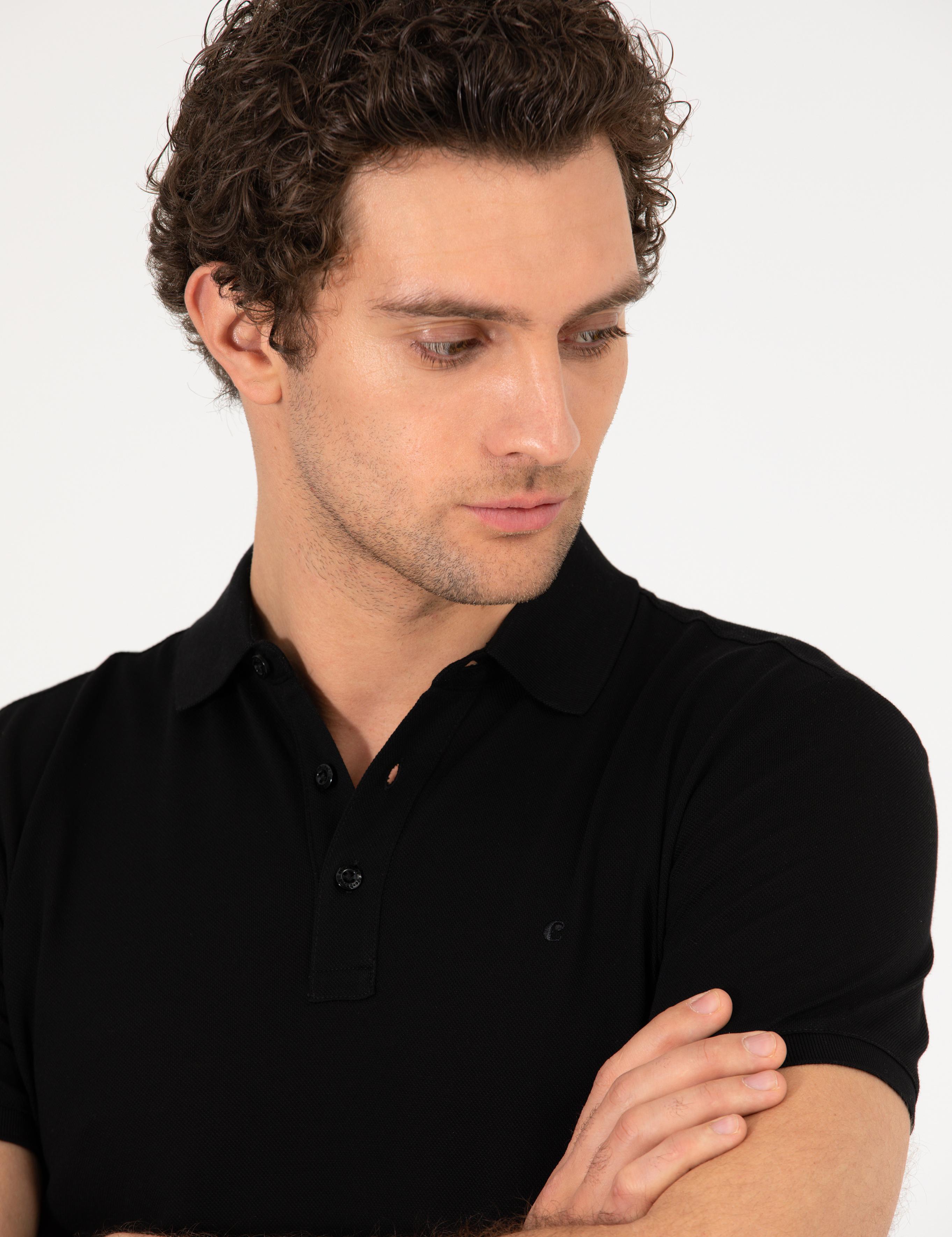 Siyah Polo Yaka Slim Fit Basic Merserize T-shirt - 50265364026