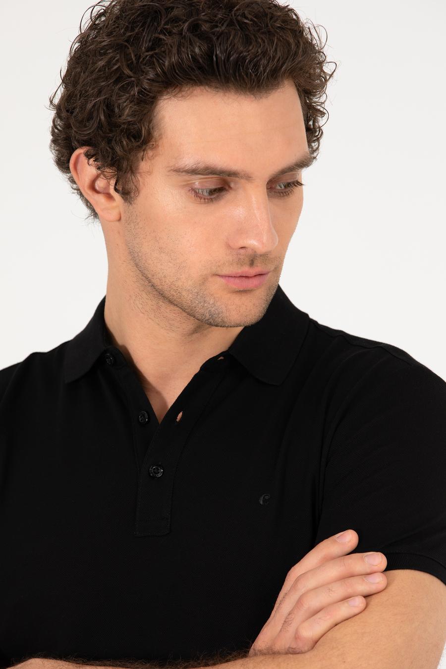 Siyah Polo Yaka Slim Fit Basic Merserize T-shirt - 50265364026