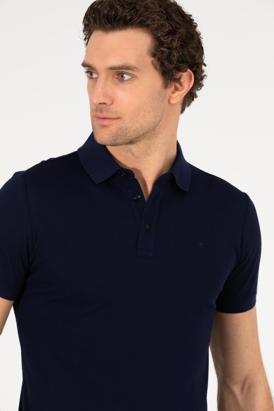 Lacivert Polo Yaka Slim Fit Basic Merserize T-shirt - 50265364066