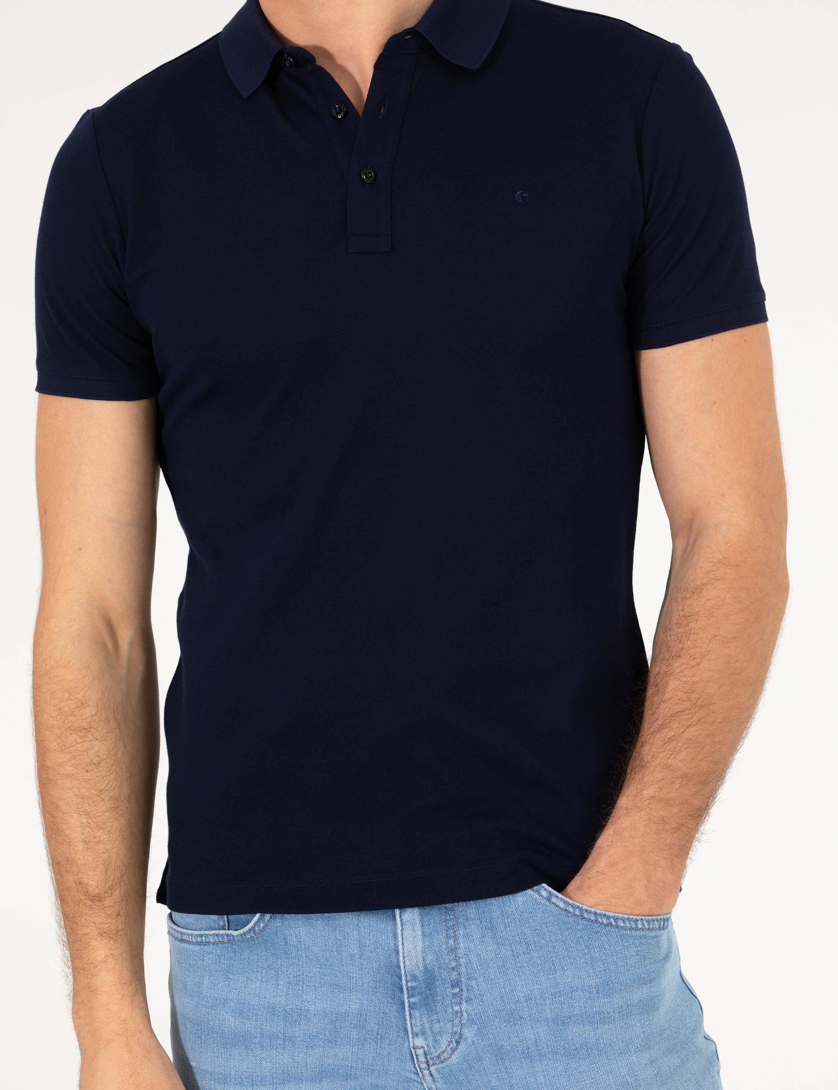 Lacivert Polo Yaka Slim Fit Basic Merserize T-shirt - 50265364066