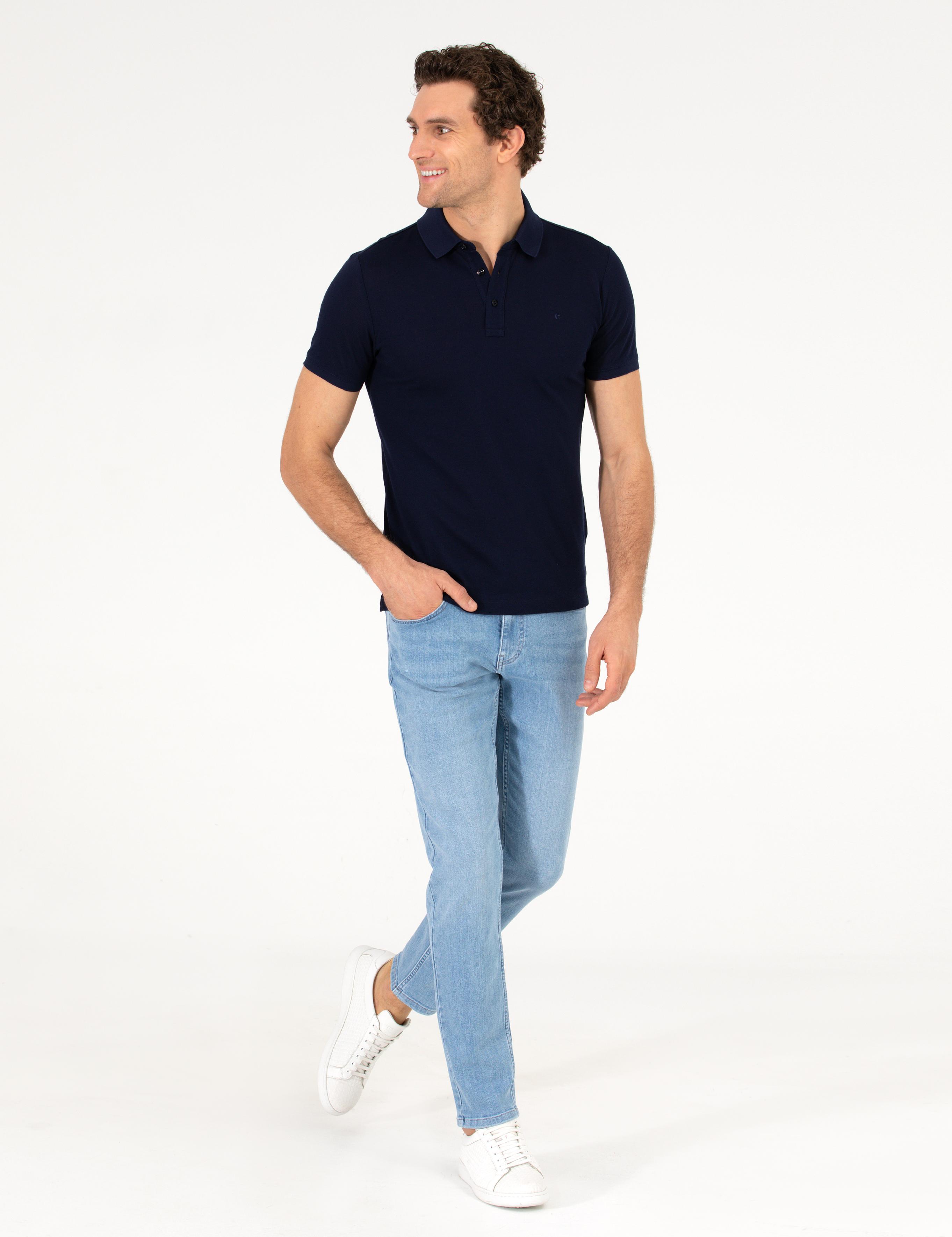 Lacivert Polo Yaka Slim Fit Basic Merserize T-shirt - 50265364066