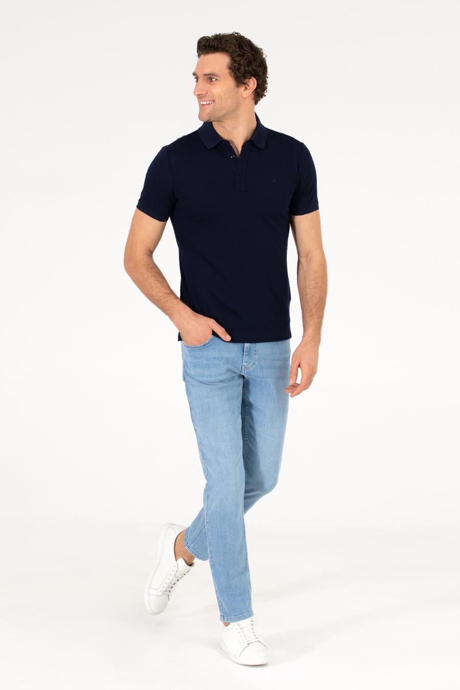 Lacivert Polo Yaka Slim Fit Basic Merserize T-shirt - 50265364066